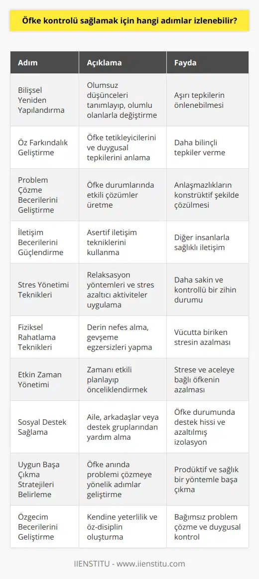 Özetle, öfke kontrolünü sağlamak için bilişsel yeniden yapılandırma, öz farkındalık geliştirme, problem çözme becerilerini geliştirme, iletişim becerilerini güçlendirme, stres yönetimi teknikleri kullanma, fiziksel rahatlama teknikleri öğrenme, etkin zaman yönetimi, sosyal destek sağlama, uygun başa çıkma stratejileri belirleme ve özgecim becerilerini geliştirme gibi adımların takip edilmesi ve düzenli bir şekilde uygulanması gerekmektedir. Bu süreçte bireysel çaba ve kararlılık büyük önem taşırken, süreç boyunca deneyimler paylaşarak başkalarından da destek almak faydalı olacaktır.