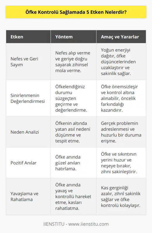 Öfke Kontrolü Sağlamada 5 Etken1. Nefes Al, Nefes Ver, Geriye Doğru SayÖfkelendiğiniz anlarda nefes alıp vermeye dikkat ederek, geriye doğru sayarak zihninizde bir mola verin. Bu teknik, o anki yoğun enerjinizi dağıtarak sizi daha sakin bir konuma getirir. Ayrıca geriye doğru sayma işlemi beyne odağı değiştirerek öfke düşüncelerinden uzaklaştırır.2. Gerçekten Sinirlenmeme Değer mi?Öfkelendiğiniz durumları bir süzgeçten geçirerek, gerçekten sinirlenmeye değer mi diye düşünün. İçinden geçtiğiniz durum belki de yaşamınızdaki öncelik liştesinde son sıradadır ve asıl dikkat etmeniz gereken alanlar başkalarıdır. Bu düşünceyle öfkeyi önemsemez hale getirip, kontrol altına alabilirsiniz.3. Öfkenizin Altında Yatan Nedeni DüşününÖfkenin altında genellikle başka sebepler bulunur. Belki de derinlerde kalan bir sıkıntı ya da stres etkiye sebep oluyor ve yaşadığınız olay aslında tetikleyici, ama kesin neden değildir. Bu yüzden öfkenizin ana sebebini tespit etmek ve onunla ilgilenmek sizi daha huzurlu kılacaktır.4. Güzel Anlarınızı DüşününÖfke anında zihninizi kontrol altında tutabilmek için güzel anılarınızı hatırlayarak, o pozitif duyguları yaşantıya döndürebilirsiniz. Bu sayede, öfke ve sıkıntının yerini huzur ve neşe alacaktır. Bu sebeple, öfke anlarınızda sevdiklerinizle yaşadığınız mutlu zamanları gözünüzün önünde canlandırarak kendinizi sakinleştirin.5. Yavaşlayın ve RahatlayınÖfke anında durup, telaşlı hareketler yapmak yerine yavaş ve kontrollü hareket etmeye özen gösterin. Bu noktada, omuzlarınızı, kollarınızı ve başınızı rahatlatarak, kaslarınızdaki gerginliğin azalmasına yardımcı olun. Yavaş ve rahat hareket etmek, zihninizin de aynı şekilde sakinleşmesine ve öfkenin kontrol altına alınmasına yardımcı olacaktır.Sonuç olarak, öfke kontrolünde başarılı olmak için bu beş etkeni uygulamayı öğrenmek ve sürekli pratik yapmak, duygularınızı daha iyi yönetmenize ve daha sağlıklı ilişkiler kurmanıza yardımcı olacaktır. Başarılı öfke yönetimi, yaşam kalitenizi artırırken stres seviyenizi de düşüren önemli bir bileşendir.
