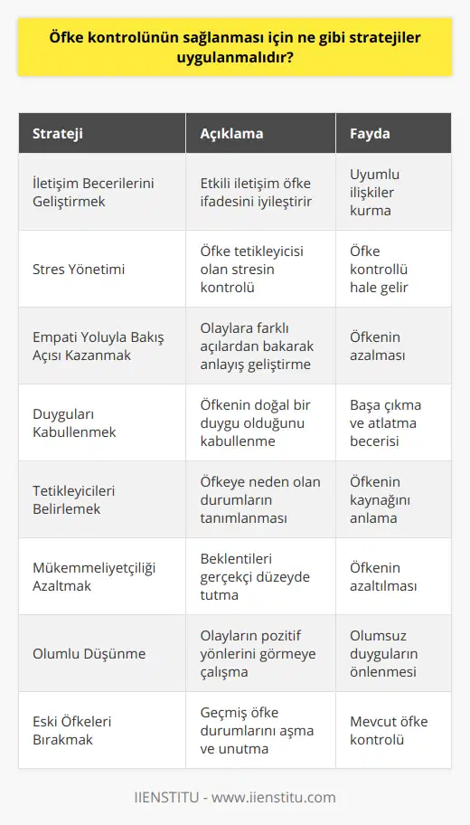 8.İletişim becerilerini geliştirmek: Etkili iletişim becerileri, öfkemizi ifade etme şeklimizi iyileştirmeye ve başkalarıyla daha uyumlu bir şekilde çalışmamıza yardımcı olacaktır.9.Stres yönetimi: Öfkemizi tetikleyen durumlar genellikle stresli olduğumuz zamanlarda ortaya çıkar. Bu nedenle, stres yönetimi tekniklerini öğrenmek ve uygulamak, öfke kontrolünü sağlamaya katkıda bulunacaktır.10. Problemlere farklı açılardan bakmak: Olayların/konuların üzerine gitmek yerine, olaylara farklı açılardan bakarak empati kurmaya çalışmak, öfkeyi kontrol altında tutmaya yardımcı olur.11. Duyguları kabul etmek: Öfke gibi duyguların doğal olduğunu ve zaman zaman hissetmenin normal olduğunu kabul etmek, bu duygularla başa çıkmamıza ve onlardan kurtulmamıza yardımcı olur.12. Tetikleyicileri belirlemek: Bizi öfkeli yapan nedenleri ve durumları fark etmek ve bu tetikleyicileri belirlemek, öfkeyi kontrol altına almada ilk adımdır.13. Mükemmeliyetçi beklentilerden kaçınmak: Başkaları ve kendimiz üzerindeki mükemmeliyetçi beklentilerden kaçınarak, öfke duygusunu azaltabiliriz.14. Olumlu düşünme: Olayları ve durumlarını olumlu yanlarından değerlendirmeye çalışarak, öfke gibi olumsuz duyguların önüne geçebiliriz.15. Eski öfkeli olayları bırakmak: Geçmişte yaşadığımız öfke dolu durumları aşarak ve bırakarak, mevcut öfke duygularının üstesinden gelmemiz kolaylaşır.Tüm bu stratejileri uygulayarak öfke kontrolünü daha sağlıklı ve etkili bir şekilde elde edebilir, hem kendimize hem de çevremizdeki kişilere daha hoşgörülü ve anlayışlı bir şekilde yaklaşabiliriz. Öfke kontrolünü sağlamak, yaşam kalitemizi, ilişkilerimizi ve genel refahımızı artırmada önemli bir adımdır.
