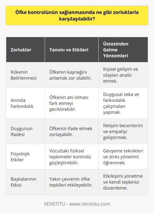Öfke kontrolü sürecinde karşılaşılan zorluklar, çeşitli faktörlere bağlı olarak değişiklik gösterebilir. İşte öfke kontrolünün sağlanmasında karşılaşılan bazı zorluklar:1. Öfkenin kökenini belirlemekte yaşanan zorluklar: Öfke, çoğu zaman belirli bir olay veya durum sonucu ortaya çıkar. Bu nedenle, öfkelenmenize neden olan temel sebep veya tetikleyiciyi anlamak, öfke tepkinizin nasıl yönetileceği konusunda bilgi verecektir. Ancak bazen öfkenin kaynağını tam anlamıyla anlamak zor olabilir.2. Öfkeyi anında fark edememe: Öfke, genellikle ani bir duygu olduğu için, bazen öfkeli olduğunuzu fark etmeniz zaman alabilir. Bu durum, öfkenizi kontrol etmeyi zorlaştırır. Öfke farkındalığını artırmak için kişisel gelişimi ve duygusal zekayı geliştirici çalışmalar yapılabilir.3. Öfkenin doğru şekilde ifade edilmesi zorluğu: Öfkeli olduğunuzda, duygularınızı doğru bir şekilde ifade etmekte zorlanabilirsiniz. Bu durum, öfkenin kontrol altına alınamamasına ve çatışma ve gerilimlere neden olabilir. Doğru iletişim becerileri ve empati yeteneğini geliştirerek, öfkeli duygularınızı daha uygun bir şekilde ifade etmeyi amaçlamalısınız.4. Fizyolojik etkilerle başa çıkma zorluğu: Öfke, vücudunuzda bazı fizyolojik değişikliklere neden olabilir. Artan kalp hızı, yüksek tansiyon ve adrenalin düzeyindeki yükselme, bedeninizin sakinleşmesini ve öfkeyi kontrol etmenizi engelleyebilir. Bu nedenle, gevşeme tekniklerini uygulamak ve stresi azaltacak yöntemler öğrenmek, öfke kontrolünde etkili olacaktır.5. Başkalarının öfke yaklaşımının etkisi: Öfkeyle başa çıkmada zorluk yaşayan bireylerin yakın çevrelerindeki insanların öfkeli tutumları ve tepkileri, onların kendi öfkelerini kontrol etmesini de zorlaştırabilir. Başkalarının öfkesiyle başa çıkabilme ve kendi öfke kontrolüne dikkat etme becerisi, bu tür etkileşimlerden korunmak için önemlidir.Öfke kontrolünde yaşanan zorlukların üstesinden gelmek, öz farkındalık, duygusal zeka ve iletişim becerilerini geliştiren çalışmalarla mümkündür. Bilinçli bir süreç olan öfke kontrolünü başarılı bir şekilde yönetmeye odaklanarak, daha sağlıklı ilişkiler kurabilir ve yaşam kalitenizi artırabilirsiniz.