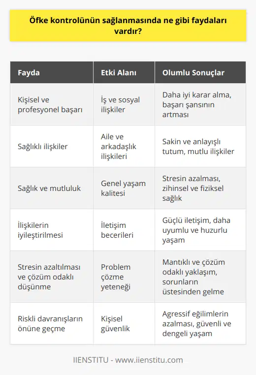 Öfke kontrolünün sağlanmasında faydaları oldukça fazladır. İşte birkaçı:1) Kişisel ve profesyonel başarı: Öfke kontrolü becerisine sahip olmak, iş yerinde daha iyi kararlar almanıza ve sosyal ilişkilerinizi geliştirmenize yardımcı olur. Bu sayede, kişisel ve profesyonel anlamda başarı şansınız artar.2) Sağlıklı ilişkiler: Öfke kontrolünü başarılı bir şekilde sağlamak, sevdiklerinizle olan ilişkilerinizde daha sakin ve anlayışlı bir tutum sergilemenizi sağlar. Bu, daha sağlıklı ve mutlu ilişkiler yaratmaya yardımcı olur.3) Sağlık ve mutluluk: Uzun vadede öfke kontrolü, stres ve negatif duyguların azalmasına yol açar. Bu durum, fiziksel ve zihinsel sağlığınıza olumlu katkılar sağlar ve genel yaşam kalitenizi artırır.4) İlişkilerin iyileştirilmesi: İyi öfke kontrolü becerilerine sahip olmak, insanlarla olan iletişiminizi ve ilişkilerinizi güçlendirebilir. Bu, hem aile içinde hem de iş ve sosyal çevrelerde daha uyumlu, huzurlu ve başarılı bir yaşam sürdürmenize olanak tanır.5) Stresin azaltılması ve çözüm odaklı düşünme: Öfke kontrolü, stresli ve zorlu durumlarla başa çıkmak için daha mantıklı ve çözüm odaklı bir düşünce yapısı geliştirmenize yardımcı olur. Bu sayede, yaşamınızdaki sorunlara daha rahat ve başarıyla yaklaşabilirsiniz.6) Riskli davranışların önüne geçme: Öfke kontrolü becerisinin geliştirilmesi, agresif ya da zararlı eylemlere başvurma olasılığınızı azaltır. Bu sayede, siz ve çevrenizdekiler için daha güvenli ve dengeli bir yaşam sürdürmeniz mümkün olur.Sonuç olarak, öfke kontrolü becerilerinin sağlanması ve geliştirilmesi, hem bireysel hem de sosyal anlamda yaşam kalitenizi ve başarınızı artıracak önemli bir faktördür. Bu nedenle, öfke kontrolü konusunda kendinizi eğitmeye ve bu beceriyi geliştirmeye zaman ayırmak, yaşamınızda olumlu değişimler yaratmanıza yardımcı olacaktır.
