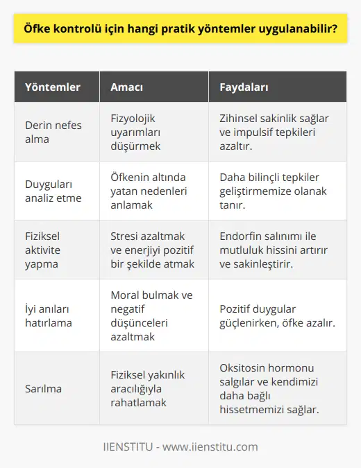 Özetle, öfke kontrolü hem bireysel hem de toplumsal düzeyde önemli bir beceridir ve bu beceri sayesinde daha sağlıklı ve uyumlu ilişkiler kurabiliriz. Pratik yöntemlerle öfke yönetimi sağlamak, gereksiz anlaşmazlıklar ve çatışmaların önüne geçer ve kişisel gelişimimiz için de faydalıdır. Derin nefes alma, duyguları analiz etme, fiziksel aktivite yapma, iyi anıları hatırlama ve sarılma gibi stratejiler, öfkenin doğru şekilde ifade edilmesine yardımcı olacak ve yaşam kalitemizi artıracaktır.