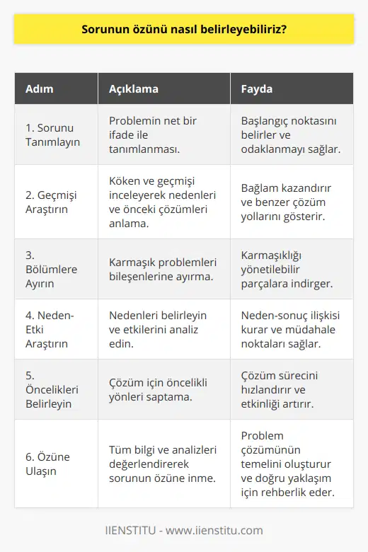 Sorunun özünü belirlemek, çözüm sürecinin en kritik adımlarından biridir ve sorunun daha hızlı ve etkili bir şekilde çözülmesine yardımcı olur. Sorunun özünü belirlerken aşağıda belirtilen adımları takip etmek işinizi kolaylaştıracaktır.1. Sorunu tanımlayın: Öncelikle, sorunu net bir şekilde tanımlamanız ve üzerinde çalıştığınız problemin ne olduğunu anlamanız gerekmektedir. Sorunun ne olduğu hakkında somut ve öz bir ifade kullanarak başlangıç yapılmalıdır.2. Sorunun geçmişini araştırın: Sorunun kökenini ve geçmişini incelemek, nedenleri ve sonuçları arasındaki bağlantıları daha iyi anlamanıza yardımcı olacaktır. Ayrıca, benzer durumlarla nasıl başa çıkıldığı hakkında bilgi edinerek, mevcut sorununuzu çözmek için fikirler geliştirebilirsiniz.3. Sorunu bölümlere ayırın: Karmaşık sorunlarla karşılaşmanız durumunda, öncelikli olarak sorunu parçalara ayırarak ele almak oldukça önemlidir. Bu yöntemle, her bir parçayı ayrı ayrı inceleyerek karmaşıklığı azaltabilir ve sorunun özüne daha kolay ulaşabilirsiniz.4. Nedenleri ve etkileri arayın: Sorunun nedenlerini belirleyin ve bu nedenlerle bağlantılı etkileri ortaya çıkarın. Sorunun özünü belirlemeye çalışırken, neden-sonuç ilişkisini göz önünde bulundurarak işlemleri gerçekleştirmelisiniz.5. Öncelikleri belirleyin: Sorunun hangi yönlerinin öncelikli olarak çözülmesi gerektiğini belirleyin. Bu, süreci daha hızlı hale getirecek ve nihai sonuca daha etkili bir şekilde ulaşmanızı sağlayacaktır.6. Sorunun özüne ulaşın: Tüm bu adımları tamamladıktan sonra, topladığınız bilgileri ve analizlerinizi gözden geçirerek sorunun özüne ulaşmalısınız. Sorunun özü, problemin en temel ve esas yönlerini içerir ve çözüm yaklaşımının odak noktası olmalıdır.Sonuç olarak, sorunun özünü belirlemek etkili problem çözme becerileri gerektiren önemli bir süreçtir. Bu süreçte farklı bilgi ve yöntemlerden faydalanarak, probleminizin ne olduğunu, nedenlerini ve etkilerini doğru ve kalıcı bir çözüme ulaştırmak için kullanabileceğiniz yöntemler belirleyebilirsiniz. Bu sayede, sorununuzu daha etkili ve başarılı bir şekilde çözebilirsiniz.