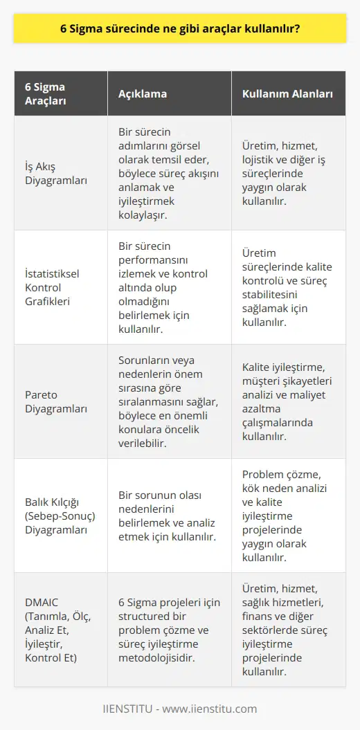 6 Sigma sürecinde kullanılan araçlar arasında; İş Akış Diyagramları, İş Süreçleri Analizi, İstatistiksel Fazlalık ve Eksiklik Analizi, İstatistiksel Kontrol Grafikleri, Fikir Süreçleri Diyagramları, Çok Değişkenli İncelemeler, Kontrol Kağıdı, Pareto Diyagramları, Fikir Süreçleri Diyagramları, Üretim Süreci Analizi, İşlemler Arası Diyagramlar ve İstatistiksel Fazlalık ve Eksiklik Analizi gibi araçlar bulunur.
