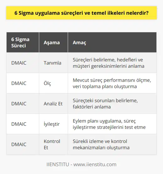 Alt Başlık: 6 Sigma Süreçleri  6 Sigma süreci, sürekli iyileştirme ve müşteri gereksinimlerini karşılamayı amaçlayan disiplinli ve veri odaklı bir yöntemdir. Uygulanması, DMAIC (Tanımla, Ölç, Analiz Et, İyileştir ve Kontrol Et) adlı beş aşamadan oluşur. İlk aşama, Tanımla adını verdiğimiz süreçleri belirlemeyi, hedefleri ve müşteri gereksinimlerini anlamayı amaçlamaktadır. İkinci aşama olan Ölç, mevcut süreç performansını ölçmek ve süreçten toplanacak veriyi analiz etmek için orijinal veri toplama planını oluşturmayı hedefler. Üçüncü aşama olan Analiz Et, ölçüm sonuçlarını kullanarak süreçteki sorunları belirlemeyi, sürecin derinlemesine analizini gerçekleştirerek hangi faktörlerin değişikliğe neden olduğunu anlamaktır. Dördüncü aşama İyileştir, süreçteki sorunları çözmek için eylem planını uygulamak ve süreç iyileştirme stratejilerini test etmeyi içerir. Son aşama olan Kontrol Et, iyileştirilmiş sürecin sürdürülebilirliğini sağlamak için sürekli izleme ve kontrol mekanizmalarını oluşturmaktır.  Alt Başlık: 6 Sigma Temel İlkeleri  6 Sigmanın temel ilkeleri şunlardır:   , süreç analizi ve yönetimi, işbirliği, sürekli iyileştirme, veri odaklı karar verme ve son olarak sürekli öğrenme. , müşteri beklentilerini ve ihtiyaçlarını tam olarak anlayarak ürün ve hizmetlerin geliştirilmesinde ve iyileştirilmesinde temel etmendir. Süreç analizi ve yönetimi, süreçlerin etkinliğini ve verimliliğini geliştirmeye ve süreçteki değişikliklerin etkilerini anlamaya yöneliktir. İşbirliği, çapraz-fonksiyonel takımların süreç iyileştirme projelerinde birlikte çalışarak başarıya ulaşmasına önemli katkısı olan unsurdur.  Sürekli iyileştirme, süreçlerde iyileştirme ve mükemmeliyet düşüncesini devamlı kılmaya odaklanır. Veri odaklı karar verme, 6 Sigmanın temelinde yatan bir diğer prensiptir ve süreçlerin analizinde ve iyileştirilmesinde verilere dayalı seçimler yapılmasını vurgular. Son olarak, sürekli öğrenme, örgütün süreç mükemmeliyetini sağlamak için gerekli bilgi ve becerileri sürekli olarak kazanması ve geliştirmesini gerektirir.   Sonuç olarak, 6 Sigma uygulama süreçlerini ve temel ilkelerini anlamak, başarılı ve etkili bir 6 Sigma uygulaması için önemli bir unsurdur.
