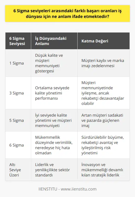 Kalite Yönetimi ve Müşteri Memnuniyeti6 Sigma seviyeleri arasındaki başarı oranları, işletmelerin kalite yönetimi performanslarını ve müşteri memnuniyetini değerlendirme açısından önemlidir. Daha yüksek seviyelere ulaşan şirketler, daha kaliteli ürün ve hizmet sunarak müşteri memnuniyetini yükseltir ve marka imajını güçlendirir. Bu durum, iş dünyasında müşteri sadakatini oluşturmak ve sürdürülebilir bir büyüme sağlamak için kritik öneme sahiptir.İnovasyon ve Sürekli İyileştirme6 Sigma metodolojisi ve seviyeleri arasındaki farklı başarı oranları, şirketlerin inovasyon ve sürekli iyileştirme süreçlerinde ne kadar başarılı olduklarını gösterir. Yüksek başarı oranlarına sahip şirketler, süreçlerini sürekli gözden geçirip iyileştirme eylemleri alarak sektörde yenilikçi olma potansiyellerini artırır. Bu durum, iş dünyasında ayakta kalmak ve rekabette başarılı olmak için büyük önem taşır.Risk Yönetimi ve Hata Önleme6 Sigma seviyeleri, şirketlerin risk yönetimi ve hata önleme kapasitelerini gösteren kritik göstergelerdir. Başarı oranlarındaki artış, şirketlerin süreçlerindeki riskleri daha etkili bir şekilde yönetebildiklerini ve hataları önlemekte başarılı olduklarını gösterir. Bu durum, iş dünyasında güçlü bir risk yönetimi ile finansal ve operasyonel anlamda sağlam temellere sahip olmanın önemini ortaya koymaktadır.Sonuç olarak, 6 Sigma seviyeleri arasındaki farklı başarı oranları, iş dünyası için farklı boyutlarda değerli bilgiler sunar. Şirketler, bu bilgilere dayanarak süreçlerini optimize ederek maliyet tasarrufu, gelir artışı, müşteri memnuniyeti, rekabet gücü, kalite yönetimi, inovasyon ve risk yönetimi alanlarında başarılarını artırmak için stratejik adımlar atabilirler. Bu nedenle, 6 Sigma metodolojisinin iş dünyasındaki önemi ve değeri tartışılmaz bir gerçektir.