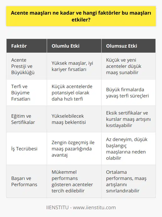 Ayrıca, acente çalışanlarının maaşları aynı zamanda işverenlerinin prestiji ve büyüklüğüne de bağlıdır. Büyük ve köklü bir acente firmasında çalışmak, genellikle daha yüksek maaşlar ve daha iyi kariyer fırsatları sunar. Öte yandan, daha küçük ve yeni kurulan acentelerde çalışmak, daha düşük maaşlarla başlamak zorunda kalmaya yol açabilir, ancak potansiyel olarak daha hızlı terfi ve büyüme fırsatları sunabilir.Acente temsilcisi olmak isteyenlerin, maaş beklentilerini ve hedeflerini değerlendirirken yukarıda belirtilen faktörleri göz önünde bulundurmaları ve iş ilanlarını değerlendirirken bu bilgilerle donanımlı olmaları önemlidir. Ayrıca, ilgili kurslar ve sertifikalar alarak, maaş beklentilerini yükseltme şansı daha da artırabilir. Tüm bunların yanı sıra, iş tecrübesi ve başarılarının özgeçmişe iyi bir şekilde yansıtılması da maaş görüşmelerinde acente temsilcisinin elini güçlendirecek faktörlerdendir.