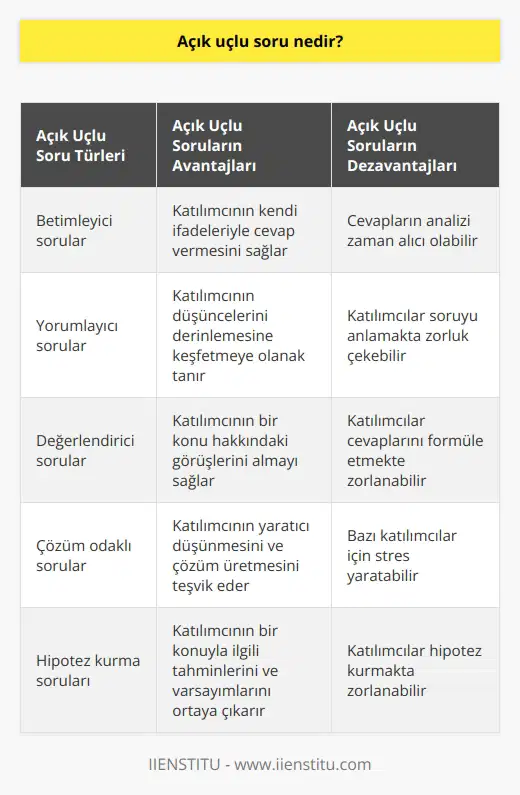 Açık uçlu soru yoruma dayalı, devamında başka soruların da sorulmasına ve kişiyi farklı açılardan ölçmeye olanak veren soru tipidir.