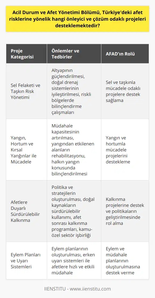 Sel Felaketiyle Mücadele ve Taşkın Risk YönetimiTürkiye, coğrafi konumu nedeniyle sel felaketleri ve taşkınlara da maruz kalmaktadır. Bu tür afetlerin etkilerini en aza indirerek toplumların maddi ve manevi zarara uğramaması adına AFAD, sel felaketiyle mücadele ve taşkın risk yönetimi projelerini desteklemektedir. Bu projeler arasında altyapının güçlendirilmesi, doğal drenaj sistemlerinin iyileştirilmesi ve riskli bölgelerde bilinçlendirme çalışmaları bulunmaktadır.Yangın, Hortum ve Kırsal Alan Yangınlarıyla MücadeleYangınlar, özellikle yaz aylarında Türkiye'de sıkça gerçekleşen doğal afetlerdendir. Bununla başa çıkmak için AFAD, orman yangınları, hortum ve kırsal alan yangınları ile mücadele etmeye yönelik projeleri desteklemektedir. Bu projeler, İklim değişikliği ve insan etkisi nedeniyle artan yangın riskine karşı, müdahale kapasitesinin artırılması, yangından etkilenen alanların rehabilitasyonu ve halkın yangın konusunda bilinçlendirilmesi gibi önlem ve tedbirler içermektedir.Afetlere Duyarlı Sürdürülebilir Kalkınma ProjeleriAFAD, afet risklerine duyarlı ve şeffaf kalkınma projelerini de desteklemektedir. Bu projeler kapsamında, afet yönetimi ile ilgili politika ve stratejilerin oluşturulması, doğal kaynakların sürdürülebilir kullanılması, afet sonrası kalkınma programları ve kamu-özel sektör işbirliğinin teşvik edilmesi gibi konulara öncelik verilmektedir.Eylem Planları ve Uyarı SistemleriAFAD, afet ve acil durum zararlarının minimize edilebilmesi için planlı ve koordineli bir şekilde hareket etmeye önem göstermektedir. Bu amaçla, eylem planları ve erken uyarı sistemleri oluşturularak afetlere anında müdahale edebilme imkanı sağlanmaktadır. Bu sistemlerle afet oluşmadan önce gerekli önlemlerin alınması ve müdahale sürecinin olabildiğince hızlı ve etkili gerçekleştirilmesi hedeflenmektedir.AFAD, bu projeler ve çalışmalarla Türkiye'deki afet risklerine yönelik önleyici ve çözüm odaklı eylemler desteklemekte, bu sayede afetlerin topluluklar üzerindeki olumsuz etkilerini en aza indirmeyi amaçlamaktadır. Bu kapsamda devam eden çalışmalarla toplumların güvende olması ve afetlere karşı daha dirençli hale gelmesi hedeflenmektedir.