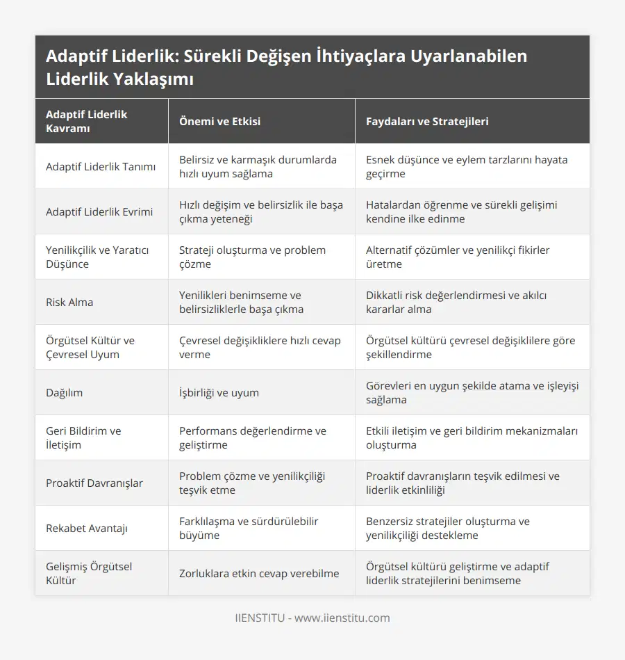 Adaptif Liderlik Tanımı, Belirsiz ve karmaşık durumlarda hızlı uyum sağlama, Esnek düşünce ve eylem tarzlarını hayata geçirme, Adaptif Liderlik Evrimi, Hızlı değişim ve belirsizlik ile başa çıkma yeteneği, Hatalardan öğrenme ve sürekli gelişimi kendine ilke edinme, Yenilikçilik ve Yaratıcı Düşünce, Strateji oluşturma ve problem çözme, Alternatif çözümler ve yenilikçi fikirler üretme, Risk Alma, Yenilikleri benimseme ve belirsizliklerle başa çıkma, Dikkatli risk değerlendirmesi ve akılcı kararlar alma, Örgütsel Kültür ve Çevresel Uyum, Çevresel değişikliklere hızlı cevap verme, Örgütsel kültürü çevresel değişiklilere göre şekillendirme, Dağılım, İşbirliği ve uyum, Görevleri en uygun şekilde atama ve işleyişi sağlama, Geri Bildirim ve İletişim, Performans değerlendirme ve geliştirme, Etkili iletişim ve geri bildirim mekanizmaları oluşturma, Proaktif Davranışlar, Problem çözme ve yenilikçiliği teşvik etme, Proaktif davranışların teşvik edilmesi ve liderlik etkinliliği, Rekabet Avantajı, Farklılaşma ve sürdürülebilir büyüme, Benzersiz stratejiler oluşturma ve yenilikçiliği destekleme, Gelişmiş Örgütsel Kültür, Zorluklara etkin cevap verebilme, Örgütsel kültürü geliştirme ve adaptif liderlik stratejilerini benimseme