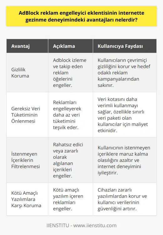 **Gizlilik Koruma**Adblock reklam engelleyici eklenti, kullanıcıların gizliliklerini korumak için de oldukça önemli bir role sahiptir. Çoğu reklam öğesi, kullanıcıların çevrimiçi faaliyetlerini takip eder ve bu bilgileri reklam verenlerle paylaşarak onların hedef odaklı reklam kampanyaları düzenlemelerine olanak tanır. Adblock eklentisi sayesinde, bu izleme ve takip faaliyetlerinin önüne geçilerek kullanıcıların gizliliği korunmuş olur.**Gereksiz Veri Tüketiminin Önlenmesi**Adblock eklentisi aynı zamanda, reklam öğelerinin oluşturduğu gereksiz veri tüketimini de engellemeye yardımcı olur. Bu, özellikle sınırlı veri paketi bulunan internet kullanıcıları için büyük önem taşır. Adblock'un reklamları engellemesi sayesinde daha az veri tüketimi gerçekleşir ve bu da kullanıcının veri kotasının daha verimli şekilde kullanılmasına yardımcı olur.**İstenmeyen İçeriklerin Filtrelenmesi**Adblock eklentisi, aynı zamanda kullanıcıların karşılaştığı istenmeyen ve rahatsız edici içerikleri de engelleme özelliğine sahiptir. Bu sayede, kullanıcılar rahatsız oldukları, kötü amaçlı ya da zararlı gördükleri içeriklerle karşılaşma olasılığını büyük ölçüde azaltabilirler.**Kötü Amaçlı Yazılımlara Karşı Koruma**Adblock, aynı zamanda kötü amaçlı yazılımları barındıran reklamlardan da koruma sağlar. Bazı reklamlar, gereksiz yere kullanıcı cihazlarına zararlı yazılımlar yüklemekte ve kullanıcı verilerini tehdit etmektedir. Adblock sayesinde, bu tür reklamların engellenmesi ve cihazların zararlı yazılımlardan korunması sağlanır.Adblock reklam engelleyici eklentinin sağladığı avantajlar sayesinde, internet kullanıcıları daha güvenli, hızlı ve verimli bir gezinti deneyimi elde etmektedir. Bu nedenle, Adblock ve benzeri reklam engelleyiciler internette rahatsız edici reklamlardan ve izinsiz veri takibinden korunarak özgürce dolaşmak isteyen kullanıcılar için oldukça değerlidir.
