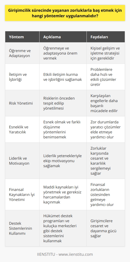 Öğrenme ve Adaptasyon     sürecinde yaşanan zorluklarla baş etmek için öncelikle öğrenmeye ve adaptasyona önem verilmelidir. Bu süreç, hem kişisel gelişim hem de işletme stratejisi açısından gereklidir.  İletişim ve İşbirliği  Zorluklarla baş etme yöntemleri arasında etkili iletişim kurma ve işbirliğini sağlamak büyük önem taşır. İyi bir iletişim ve işbirliği, problemlere daha hızlı ve etkili çözümler üretebilir.  Risk Yönetimi   sürecinde risklerin önceden tespit edilip yönetimi çoğu zorluğun üstesinden gelmede büyük katkı sağlar. Risk yönetimi sayesinde, karşılaşılan engellerle daha başarılı mücadele edilir.  Esneklik ve Yaratıcılık  Esnek olmak ve farklı düşünme yöntemlerini benimsemek,  sürecindeki zorluklarla başa çıkmada önemli bir faktördür. Zor durumlar karşısında yaratıcı ve yenilikçi çözüm önerileri, pozitif sonuçlar elde etmeye yardımcı olur.  Liderlik ve Motivasyon  Başarıya ulaşmak için, girişimcinin liderlik yeteneklerini kullanarak ekip motivasyonu sağlaması gereklidir. Bir lider olarak, zorluklar karşısında cesaret ve kararlılık sergileyerek ekip üyelerine güven vermek önemlidir.  Finansal Kaynakların İyi Yönetimi  Çoğu girişimcinin yaşadığı zorluklardan biri finansal kaynakların yetersizliği olabilir. Bu dönemde, maddi kaynakları iyi yönetmek ve gereksiz harcamalardan kaçınmak başlıca öncelikler arasında yer almalıdır.  Destek Sistemlerinin Kullanımı  Son olarak, günümüzde girişimcilere yönelik sunulan hükümet destek programları ve kuluçka merkezleri gibi destek sistemlerinin kullanımını önemsemek, yaşanan zorluklarla baş etmede oldukça etkili olacaktır. Bu tür destek sistemleri, girişimcilerin yalnız olmadığını göstererek, onlara cesaret ve dayanma gücü sağlamaktadır.