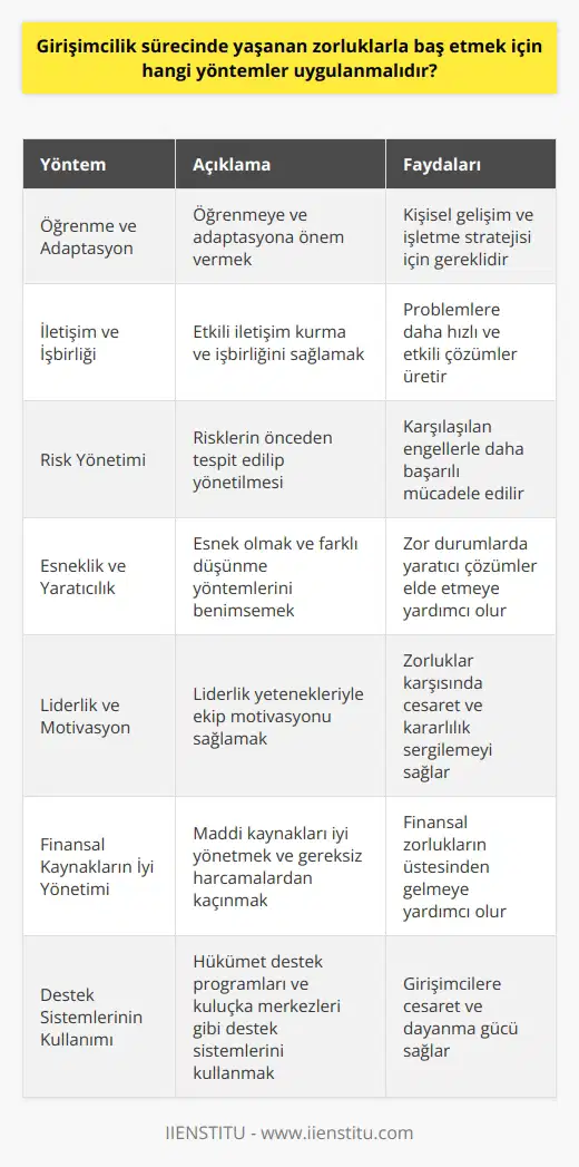 Öğrenme ve Adaptasyon sürecinde yaşanan zorluklarla baş etmek için öncelikle öğrenmeye ve adaptasyona önem verilmelidir. Bu süreç, hem kişisel gelişim hem de işletme stratejisi açısından gereklidir. İletişim ve İşbirliği Zorluklarla baş etme yöntemleri arasında etkili iletişim kurma ve işbirliğini sağlamak büyük önem taşır. İyi bir iletişim ve işbirliği, problemlere daha hızlı ve etkili çözümler üretebilir. Risk Yönetimi sürecinde risklerin önceden tespit edilip yönetimi çoğu zorluğun üstesinden gelmede büyük katkı sağlar. Risk yönetimi sayesinde, karşılaşılan engellerle daha başarılı mücadele edilir. Esneklik ve Yaratıcılık Esnek olmak ve farklı düşünme yöntemlerini benimsemek, sürecindeki zorluklarla başa çıkmada önemli bir faktördür. Zor durumlar karşısında yaratıcı ve yenilikçi çözüm önerileri, pozitif sonuçlar elde etmeye yardımcı olur. Liderlik ve Motivasyon Başarıya ulaşmak için, girişimcinin liderlik yeteneklerini kullanarak ekip motivasyonu sağlaması gereklidir. Bir lider olarak, zorluklar karşısında cesaret ve kararlılık sergileyerek ekip üyelerine güven vermek önemlidir. Finansal Kaynakların İyi Yönetimi Çoğu girişimcinin yaşadığı zorluklardan biri finansal kaynakların yetersizliği olabilir. Bu dönemde, maddi kaynakları iyi yönetmek ve gereksiz harcamalardan kaçınmak başlıca öncelikler arasında yer almalıdır. Destek Sistemlerinin Kullanımı Son olarak, günümüzde girişimcilere yönelik sunulan hükümet destek programları ve kuluçka merkezleri gibi destek sistemlerinin kullanımını önemsemek, yaşanan zorluklarla baş etmede oldukça etkili olacaktır. Bu tür destek sistemleri, girişimcilerin yalnız olmadığını göstererek, onlara cesaret ve dayanma gücü sağlamaktadır.