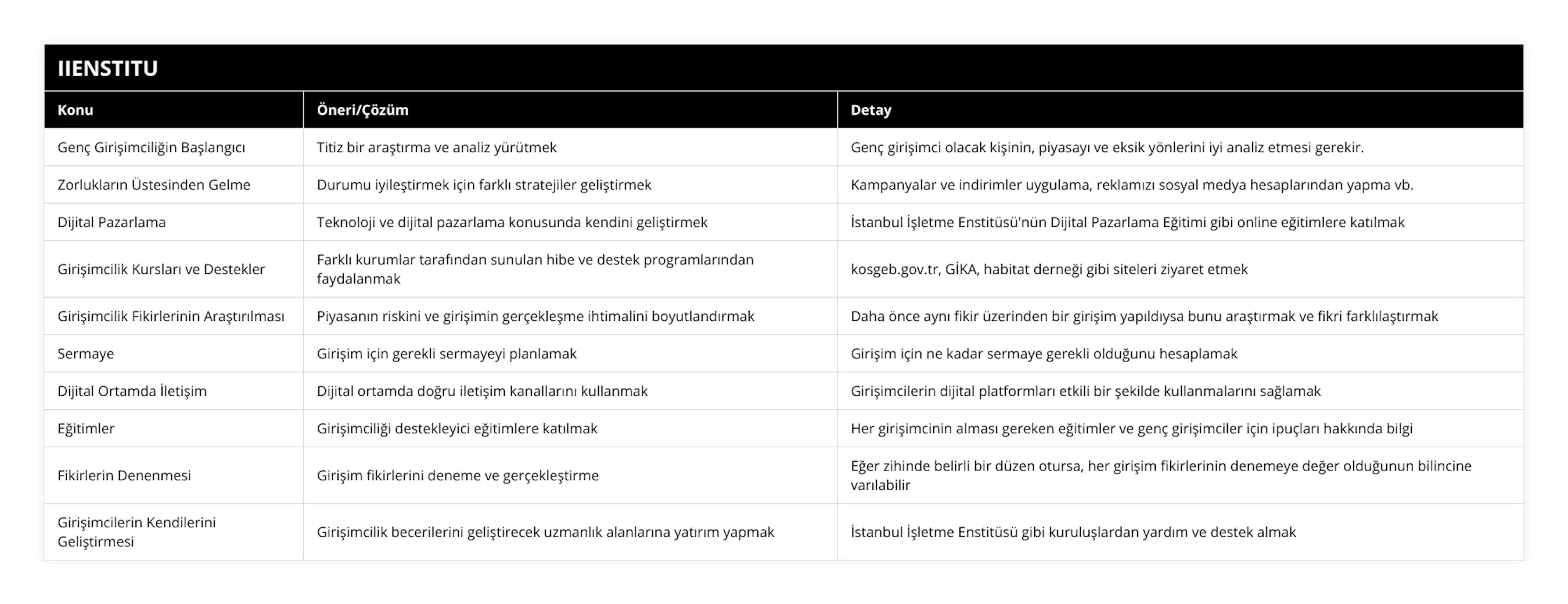 Genç Girişimciliğin Başlangıcı, Titiz bir araştırma ve analiz yürütmek, Genç girişimci olacak kişinin, piyasayı ve eksik yönlerini iyi analiz etmesi gerekir, Zorlukların Üstesinden Gelme, Durumu iyileştirmek için farklı stratejiler geliştirmek, Kampanyalar ve indirimler uygulama, reklamızı sosyal medya hesaplarından yapma vb, Dijital Pazarlama, Teknoloji ve dijital pazarlama konusunda kendini geliştirmek, İstanbul İşletme Enstitüsü'nün Dijital Pazarlama Eğitimi gibi online eğitimlere katılmak, Girişimcilik Kursları ve Destekler, Farklı kurumlar tarafından sunulan hibe ve destek programlarından faydalanmak, kosgebgovtr, GİKA, habitat derneği gibi siteleri ziyaret etmek, Girişimcilik Fikirlerinin Araştırılması, Piyasanın riskini ve girişimin gerçekleşme ihtimalini boyutlandırmak, Daha önce aynı fikir üzerinden bir girişim yapıldıysa bunu araştırmak ve fikri farklılaştırmak, Sermaye, Girişim için gerekli sermayeyi planlamak, Girişim için ne kadar sermaye gerekli olduğunu hesaplamak, Dijital Ortamda İletişim, Dijital ortamda doğru iletişim kanallarını kullanmak, Girişimcilerin dijital platformları etkili bir şekilde kullanmalarını sağlamak, Eğitimler, Girişimciliği destekleyici eğitimlere katılmak, Her girişimcinin alması gereken eğitimler ve genç girişimciler için ipuçları hakkında bilgi, Fikirlerin Denenmesi, Girişim fikirlerini deneme ve gerçekleştirme, Eğer zihinde belirli bir düzen otursa, her girişim fikirlerinin denemeye değer olduğunun bilincine varılabilir, Girişimcilerin Kendilerini Geliştirmesi, Girişimcilik becerilerini geliştirecek uzmanlık alanlarına yatırım yapmak, İstanbul İşletme Enstitüsü gibi kuruluşlardan yardım ve destek almak