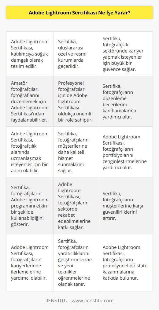 Adobe Lightroom Sertifikası, katılımcıya soğuk damgalı olarak teslim edilir, uluslararası özel ve resmi kurumlarda geçerlidir. Özellikle fotoğraflarını düzenlemek isteyen amatör fotoğrafçılar tarafından faydalı olan sertifika, fotoğraflarını düzenlemek isteyen profesyonel fotoğrafçılar içim de oldukça önemli bir role sahiptir. Sertifika, sektör içerisinde    olanlar için en büyük güvencelerden biri olacaktır.