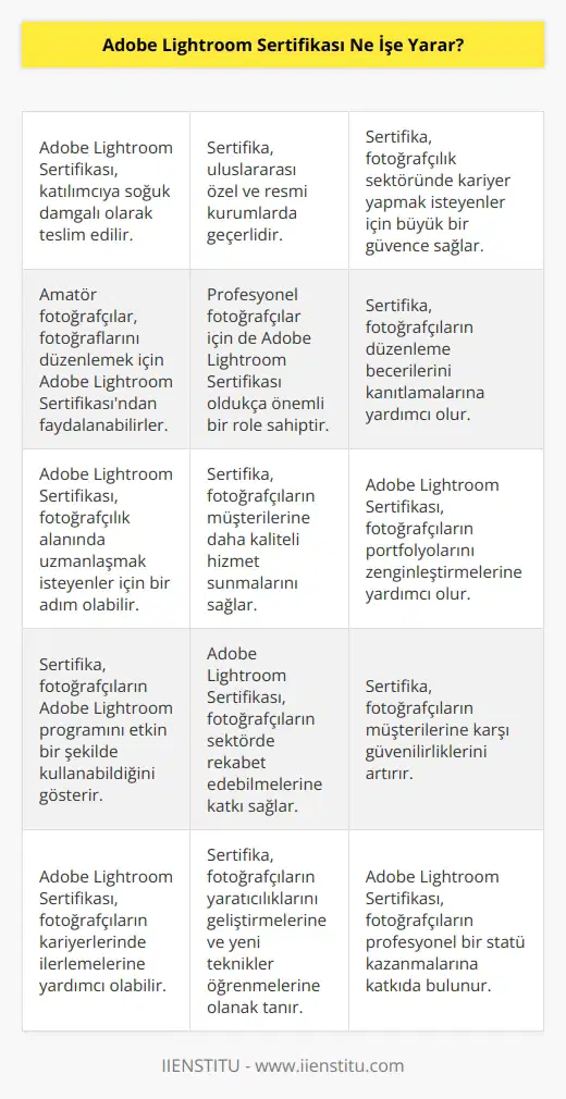 Adobe Lightroom Sertifikası, katılımcıya soğuk damgalı olarak teslim edilir, uluslararası özel ve resmi kurumlarda geçerlidir. Özellikle fotoğraflarını düzenlemek isteyen amatör fotoğrafçılar tarafından faydalı olan sertifika, fotoğraflarını düzenlemek isteyen profesyonel fotoğrafçılar içim de oldukça önemli bir role sahiptir. Sertifika, sektör içerisinde olanlar için en büyük güvencelerden biri olacaktır.