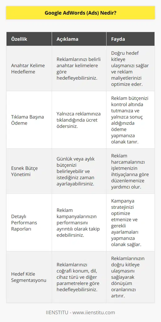 Google AdWords (Ads) işletmelerin anahtar kelimeleri hedefleyerek reklam vermesine olanak tanıyan ve bu reklamların sonuç olarak görünmesine neden olan bir tıklama başına ödeme hizmetidir. Bir reklamveren yalnızca reklamına tıklandığında ücret öder. Google AdWords (Ads), işletmenizi büyütmenin en iyi yollarından biridir.