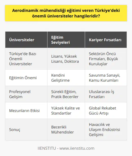 Aerodinamik Mühendisliği Eğitiminin ÖnemiGünümüzde hızla gelişen ve sürekli yeniliklerin yaşandığı havacılık alanında, aerodinamik mühendisliği eğitimi oldukça önemli bir yer tutmaktadır. Özellikle uçak ve uzay araçlarının tasarımının ve sürecin nasıl daha verimli ve ekonomik hale getirilebileceği üzerine çalışmalar yapan aerodinamik mühendisleri, sektörün ihtiyaç duyduğu önemli uzmanlardan biridir.Profesyonel GelişimAerodinamik mühendisliği eğitimi alan genç mühendisler, üniversitelerin sunduğu lisans, yüksek lisans ve doktora gibi farklı seviyelerdeki eğitimlerle kendilerini sürekli geliştirebilir ve sektör ihtiyaçlarına her zaman cevap verecek becerilere sahip olabilirler. Ayrıca çalışma hayatına atıldıklarında, sektörün öncü firmalarında kariyer fırsatları yakalayabilir ve başarılı projelere imza atabilirler.Aerodinamik Mezunlarının İş İmkanlarıAerodinamik mühendisliği eğitimi alan mezunlar, büyük kuruluşlar, savunma sanayii ve kamu kurumlarında aerodinamik mühendis olarak değerlendirilmekte ve istihdam edilmektedir. Ayrıca uluslararası pazarda da önemli iş fırsatları bulunmaktadır.Türkiye'deki aerodinamik mühendisliği eğitiminin giderek kalitesi ve çıtasını yükseltmesi, son dönemde dünya çapında önemli projelere adını yazdıran Türk mühendislerin yetişmesinde büyük paya sahiptir. Türkiye'nin bu alandaki kazanımları, ülkenin global anlamda rekabet gücünü artıran önemli faktörlerden biridir.Sonuç olarak, Türkiye'de aerodinamik mühendisliği eğitimi veren önemli üniversitelerde kaliteli eğitimler alarak yetişen mühendisler, havacılık ve ulaşım endüstrisinin sürekli gelişen ihtiyaçlarını karşılayacak becerilere sahip olmaktadır. Bu eğitimler sayesinde, Türkiye'nin ve dünya havacılık endüstrisinin sürdürülebilir bir şekilde büyümesine ve gelişmesine destek olunmaktadır.