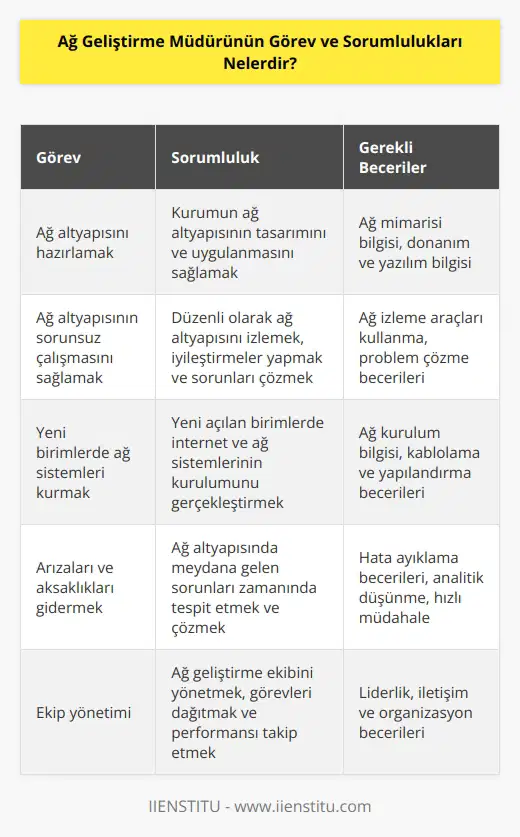 Ağ geliştirme müdürü çalıştığı kurumun ağ altyapısını hazırlar ve bu ağ altyapının problemsiz şekilde çalışabilmesi için gerekli hazırlığı, iyileştirmeleri kadrosunda yer alan ekiple birlikte düzenli olarak takip eder. Çalıştığı işletmenin yeni açılan birimlerinde internet ve ağ sistemleri kurulum işlemlerini tamamlar. İnternet ve ağ sistemlerinin altyapılarında meydana gelen arızaları, aksaklıkları yerinde ve zamanında kontrol eder ve düzeltir.
