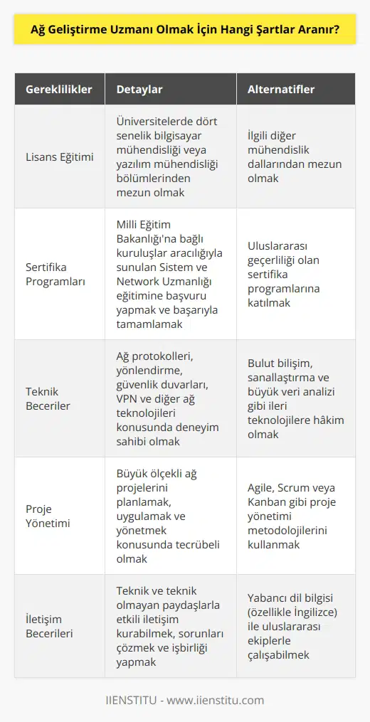 Üniversitelerde dört senelik lisans eğitim imkanı veren    veya bilgisayar mühendisliği bölümlerinden mezun olmaları gerekir. Bunun yanında Millî Eğitim Bakanlığına bağlı kuruluşlar aracılığı ile sunulan Sistem ve Network Uzmanlığı eğitime başvuru yapmaları gerekir. Bu eğitimin başarıyla tamamlanmasıyla Milli Eğitim Bakanlığı tarafından onaylamış olan sertifika sahibi olan kişiler de ağ geliştirme müdürü olarak çalışabilir.