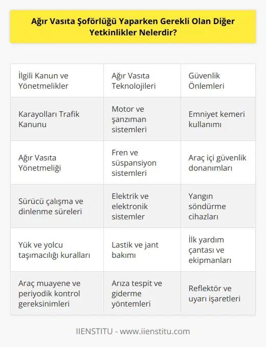 1. İlgili kanun ve yönetmelikleri bilmek. 2. Ağır Vasıta teknolojilerini ve arıza giderme tekniklerini bilmek. 3. Emniyet kemeri ve güvenlik donanımlarını kullanmak. 4. İyi bir trafik bilgisine sahip olmak. 5. Trafik kurallarını uygulamak. 6. Güvenli sürüş teknikleri kullanmak. 7. Güvenli araç bakımı yapmak. 8. Güvenli yük ve yolcu taşıma teknikleri kullanmak. 9. İyi bir müşteri hizmetleri bilgisine sahip olmak. 10. İyi bir navigasyon bilgisine sahip olmak.