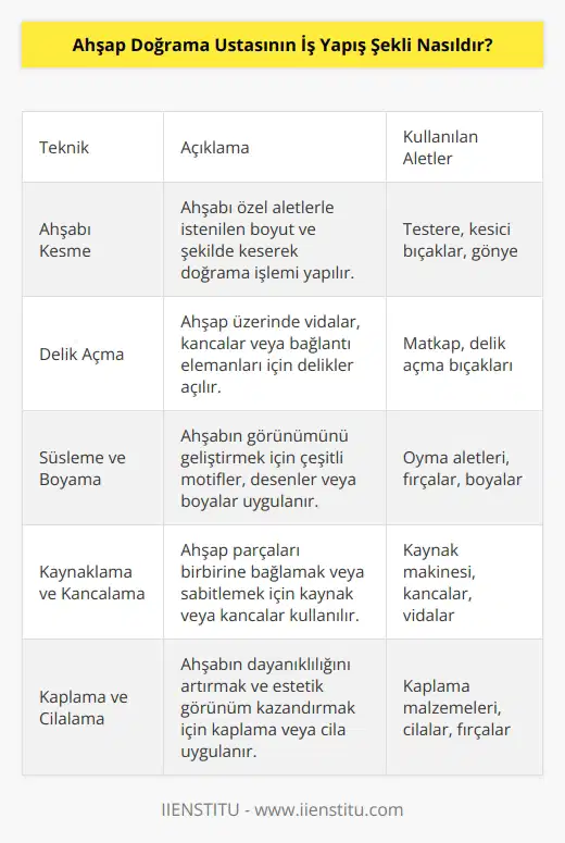 Ahşap doğrama ustaları, ahşap doğrama yapmak için çeşitli teknikleri kullanır. Bunlar, ahşabı özel bir aletle kesme, ahşabı bağlamak veya ahşap üzerinde delikler açmak için matkap kullanma, ahşabın üzerine süsleme veya boyama yapma, ahşabı kaynaklama veya kancalama gibi tekniklerdir. Ahşap doğrama ustaları, çoğu zaman ahşabı özel bir biçimde keserek veya şekillendirerek istedikleri şekilde doğrular. Ayrıca, ahşabın üzerine bazı motifler veya süslemeler uygulayarak ahşabın görünümünü değiştirebilirler. Ahşap doğrama ustaları ayrıca ahşabın üzerine kaplama veya boyama yaparak ahşabın kalitesini arttırabilirler.