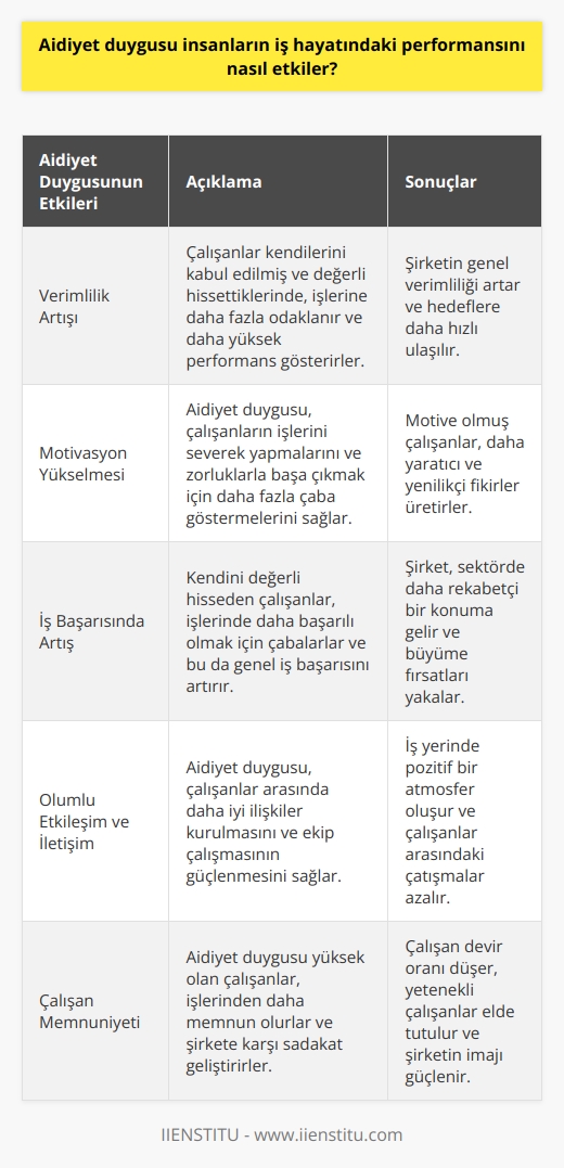 Aidiyet duygusu, insanların iş hayatındaki performansını olumlu yönde etkilemektedir. Örneğin, aidiyet duygusu insanların çalışma ortamındaki verimliliğini, motivasyonunu ve çalışma başarısını arttırmakta ve çalışanların pozitif bir şekilde etkileşimlerini geliştirmektedir. Aidiyet duygusu, çalışanların iş hayatında kendilerini kabul görmüş hissetmesini sağlayarak, çalışanların işinde daha üstün performans sergilemesine yardımcı olmaktadır. Ayrıca, aidiyet duygusu arttıkça çalışanların çalışma ortamındaki memnuniyeti de artmaktadır.