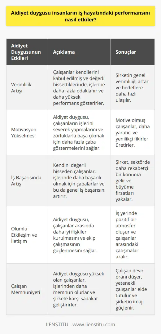 Aidiyet duygusu, insanların iş hayatındaki performansını olumlu yönde etkilemektedir. Örneğin, aidiyet duygusu insanların çalışma ortamındaki verimliliğini, motivasyonunu ve çalışma başarısını arttırmakta ve çalışanların pozitif bir şekilde etkileşimlerini geliştirmektedir. Aidiyet duygusu, çalışanların iş hayatında kendilerini kabul görmüş hissetmesini sağlayarak, çalışanların işinde daha üstün performans sergilemesine yardımcı olmaktadır. Ayrıca, aidiyet duygusu arttıkça çalışanların çalışma ortamındaki memnuniyeti de artmaktadır.
