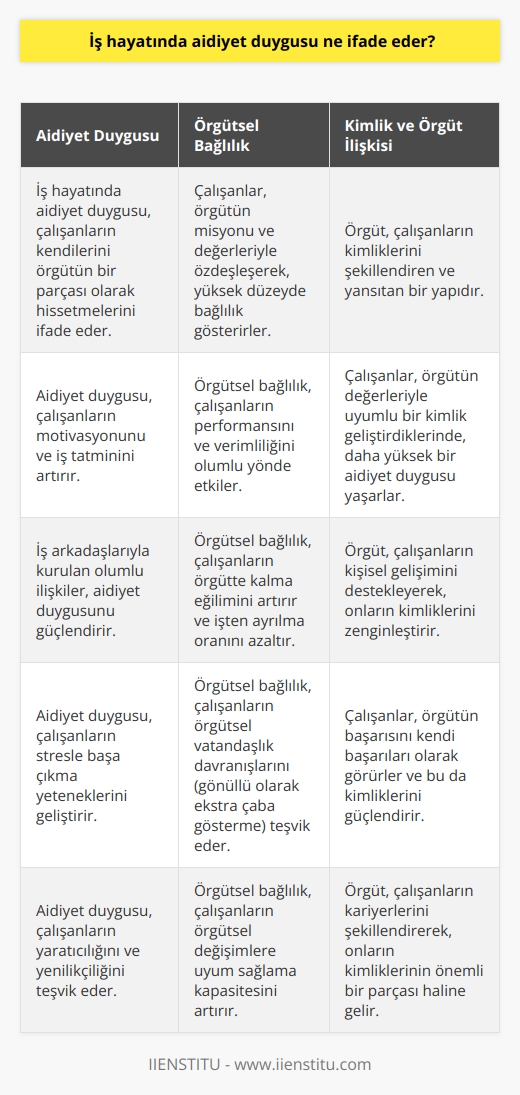 Çalıştığınız organizasyon, kurumun misyonu, göreviniz ile iş arkadaşlarınız ve sizin aranızda bağlantı kuracak ilişkiler kurmak ve bir anlamda bağlılık duygusu yaşamak istersiniz. Yapılan iş önemlidir ama kim olduğunuz çok daha önemlidir. İçinde olduğumuz örgüt aslında kim olduğumuzun bir dışavurumudur.