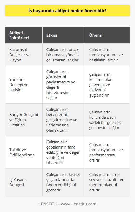 Gelecekte kurumların başarısını sermaye ve büyüklükten çok yetenekli çalışanların bir arada olması belirleyecek. Çalışanların bir arada mutlu çalışmasını sağlayacak en önemli unsurda aidiyettir. Aidiyeti etkileyecek faktörler daima kurumlar tarafından ön planda tutulması gerekir.