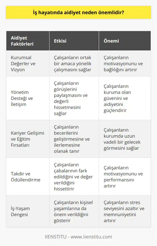 Gelecekte kurumların başarısını sermaye ve büyüklükten çok yetenekli çalışanların bir arada olması belirleyecek. Çalışanların bir arada mutlu çalışmasını sağlayacak en önemli unsurda aidiyettir. Aidiyeti etkileyecek faktörler daima kurumlar tarafından ön planda tutulması gerekir.
