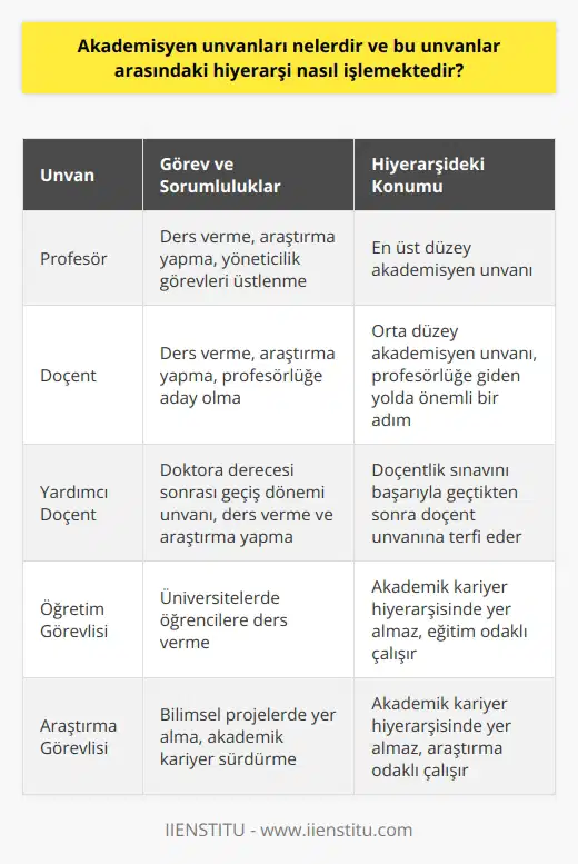 Öğretim Görevlileri ve Araştırma Görevlileri Akademisyen unvanları içerisinde öğretim ve araştırma görevlileri bulunur. Öğretim görevlileri, üniversitelerde öğrencilere ders verirken, araştırma görevlileri ise bilimsel projelerde yer alarak akademik kariyerlerini sürdürürler. Öğretim Üyeleri ve Doçentlik Öğretim üyeleri, üniversitelerde profesör ve doçent unvanlarını taşıyan akademisyenlerdir. Profesör unvanı, en üst düzeydeki akademisyenler arasında yer alır, genellikle yönetici görevleri üstlenirler ve alanlarında tecrübeli ve bilgili kabul edilirler. Doçent ise orta düzey bir akademisyen unvanıdır ve profesörlüğe giden yolda önemli bir konumda bulunur. Yardımcı Doçentlik ve Doktor Öğretim Üyeleri Yardımcı doçentlik, doktora derecesine sahip olanlar için düşünülmüş bir geçiş dönemi unvanıdır. Bu unvan, doktora derecesini tamamlamış ve bir üniversitede öğretim üyeliğine aday olan kişiler tarafından kullanılır. Doçentlik sınavını başarıyla geçen yardımcı doçentler terfi eder ve doçent unvanını kazanırlar. Sözleşmeli Öğretim Elemanları Akademisyen unvanları arasında, üniversiteler ve yüksekokullarda ders vermek üzere özel sözleşmelerle görevlendirilen sözleşmeli öğretim elemanları da bulunur. Genellikle yarı zamanlı çalışan ve akademik kariyerle ilgili terfi hedeflemeyen bu kişiler, üniversitenin ihtiyaç duyduğu alanlarda ders verir ve öğrencilere rehberlik eder. Hiyerarşi ve İşleyiş Akademik unvanlar arasındaki hiyerarşi genellikle profesör, doçent, yardımcı doçent ve şeklinde işlemektedir. Bu hiyerarşi, bilgi ve deneyim birikimine göre şekillenir ve üniversite yönetimi tarafından atanır. Üst düzey akademisyenler, bilgi birikimi ve uzmanlıklarını kullanarak hem eğitim hem de araştırma alanında çalışmalarını sürdürürken, alt kademelerdeki öğretim elemanları ise özellikle eğitim ve bilgi aktarımına odaklanır. Bu yapı, akademik dünyada sürekli öğrenme ve gelişmeyi destekleyen bir atmosfer yaratır.