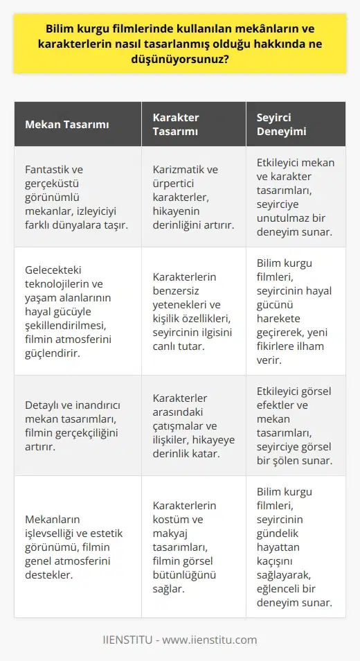 Bilim kurgu filmlerinde mekânlar ve karakterlerin tasarımı her zaman çok etkileyici olmuştur. Mekânların çoğu zaman fantastik veya gerçeküstü görünümleri vardır. Karakterler ise çoğu zaman karizmatik veya ürkütücü yapıda olurlar. Bilim kurgu filmleri, çoğu zaman kurgulanmış mekânlar ve karakterler aracılığıyla seyirciye göz kamaştırıcı bir deneyim sunmaktadır.