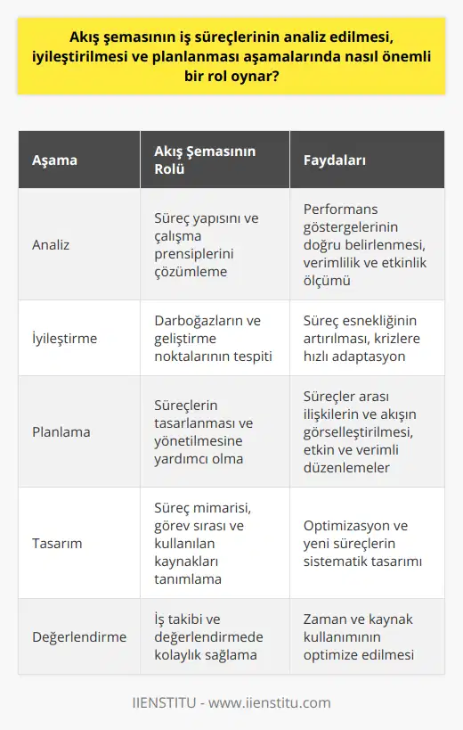 Akış şemalarının iş süreçlerinin analiz edilmesi, iyileştirilmesi ve planlanması aşamalarında oynadığı önemli role değinirken, şüphesiz bu süreçlerde doğru ve anlaşılır bir akış şeması oluşturmanın öneminden de bahsetmek gerekir. İyi tasarlanmış bir akış şeması, süreçleri ve görevleri kolayca anlaşılır bir şekilde ifade eder ve iş takip ve değerlendirmede büyük kolaylık sağlar.İş süreçlerinin analiz aşamasında, akış şemaları ile süreçlerin genel yapısı ve çalışma prensipleri hakkında bilgi sahibi olunarak, performans göstergeleri doğru bir şekilde belirlenebilir. Bu, iş süreçlerinin etkinliğinin ve verimliliğinin ölçülmesine olanak tanır. Bu süreçte, tüm süreçlerin ve alt süreçlerin çıktı ve girdilerinin analiz edilebilmesi, süreç içerisindeki bottlenecks (darboğazlar) ve geliştirilmesi gereken noktaların tespitini kolaylaştırır.Planlama aşamasında ise, akış şemaları iş süreçlerinin tasarlanması ve yönetilmesi açısından oldukça yardımcıdır. Görevlerin ve süreçlerin arasındaki ilişkileri ve akışını görsel olarak görmek, süreçlerin daha etkin ve verimli hale getirilmesi için gerekli düzenlemelerin yapılmasına ve farklı stratejilerin uygulanmasına temel oluşturur. Ayrıca, iş şekillerinin optimizasyonunda ve yeni süreçlerin tasarlanması sırasında da akış şemalarının kullanılması planlama süreçlerini güçlendirir.Akış şemalarının, iş süreçlerinin mimarisini, görevlerin sırasını ve süreç içerisinde kullanılan kaynakların türünü tanımlamada kullanılması, süreçlerin sistematik ve organize biçimde yönetilmesine katkıda bulunur. İyileştirme aşamasında ise, akış şemaları süreçlerin esnekliğini artırarak, değişkenlere ve kriz durumlarına daha hızlı adapte olunabilmesini sağlar.Sonuç olarak, akış şeması, iş süreçlerinin analiz edilmesi, iyileştirilmesi ve planlanması aşamalarında önemli bir rol oynar. Bu süreçlerde doğru ve etkili kullanımı ile süreçlerin ve iş performansının optimize edilmesine olanak tanıyan akış şemaları, hem bireysel hem de kurumsal düzeyde iş yaşamının vazgeçilmez unsurlarından biri haline gelmiştir.