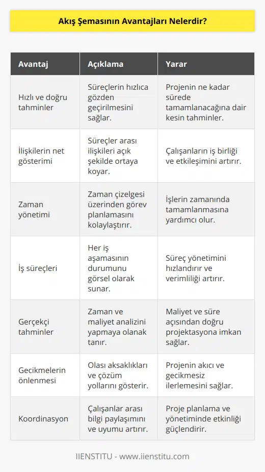 Akış şeması, bir projenin tüm süreçlerini basit ve görsel bir şekilde sunarak, projenin anlaşılmasını ve yönetilmesini kolaylaştıran bir araçtır. Bu basit gösterimin, işletmeler ve projeler için sağladığı çeşitli avantajlar bulunmaktadır.1. Hızlı ve doğru tahminler: Akış şeması kullanarak, işin ne kadar zamanda tamamlanacağını tahmin etmek daha kolay hale gelir. İşin hangi aşamalarının ne kadar süreceği genel bir bakış ile görülerek, projenin tüm sürecinin tahmin edilmesi sağlanır.2. İlişkilerin net gösterimi: Projenin çeşitli bileşenleri arasındaki süreçleri ve ilişkileri açıkça göstererek, süreçlerin nasıl gerçekleşeceği hakkında çalışanlara net bilgiler verir. Böylece, çalışanlar arasında daha iyi bir iletişim ve anlayış sağlar.3. Zaman yönetimi: Akış şemaları, projenin zaman yönetimi açısından oldukça önemlidir. Görevlerin ve süreçlerin zaman çizelgesini göz önünde bulundurarak, işleri sırasına göre planlayabilir ve zamanında tamamlanmasını sağlayabilirsiniz.4. İş süreçleri: Akış şemaları, işin her aşamasının ve sürecinin ne durumda olduğunu göstererek, hangi adımların atılması gerektiği hakkında çalışanlara bilgi verir. Bu sayede, süreci daha hızlı ve verimli bir şekilde ilerletebilirsiniz.5. Gerçekçi tahminler: Projenin her aşaması için gerçekçi tahminler yapılmasına olanak sağlar. Zaman ve maliyet faktörleri göz önünde bulundurularak, tüm süreçlerin nasıl işleyeceği ve ne kadar sürede tamamlanacağı hakkında doğru bilgilere ulaşılabilir.6. Gecikmelerin önlenmesi: Akış şeması kullanarak, projenin hangi noktalarda aksama yaşanabileceğini ve ne tür önlem alınması gerektiğini önceden görebilirsiniz. Böylece, projelerin gecikme yaşanmadan tamamlanması için etkili aksiyon planları hazırlanabilir.7. Koordinasyon: Akış şeması kullanarak, çalışanlar arasında daha sıkı bir koordinasyon sağlar. Herkes süreçler hakkında net bilgilere sahip olduğu için, projenin doğru şekilde planlaması ve yönetilmesine katkı sağlar.Sonuç olarak, akış şemasının sağladığı avantajlar, projenin hızlı, verimli ve başarılı bir şekilde tamamlanmasında büyük rol oynar. Akış şeması kullanımı, hem çalışanların işlerini anlayıp projeyi yönlendirmesinde, hem de projenin zaman ve maliyet açısından planlanıp yönetilmesinde oldukça etkilidir.