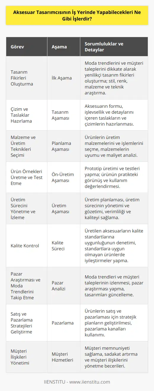 Aksesuar Tasarımcısının İş Yerinde Yapabilecekleri İşler1. Tasarım Fikirleri Oluşturma: Aksesuar tasarımcısı, moda trendlerini ve müşteri taleplerini göz önünde bulundurarak yaratıcı ve yenilikçi tasarım fikirleri oluşturmalıdır. Bu süreç, farklı stiller, renkler, malzemeler ve teknikler araştırarak başlar.2. Çizim ve Taslaklar Hazırlama: Aksesuar tasarımcısı, elde ettiği fikirleri gerçeğe dönüştürebilmek için taslaklar ve çizimler hazırlar. Bu süreçte, tasarımcı aksesuarın formunu, işlevselliğini ve detaylarını belirler.3. Malzeme ve Üretim Teknikleri Seçimi: Aksesuar tasarımcısı, ürünlerin üretiminde kullanılacak malzemeleri ve işlemleri seçer. Bu aşamada, tasarımcı malzemelerin uyumu, dayanıklılığı, kullanılabilirliği ve maliyetini değerlendirir.4. Ürün Örnekleri Üretme ve Test Etme: Aksesuar tasarımcısı, üretim sürecini başlatmadan önce ürün örneklerini üretir ve test eder. Bu süreç, ürünün gerçekte nasıl görüneceğini ve kullanılacağını değerlendirmeyi sağlar. Gerekli olan değişiklikler bu aşamada yapılır.5. Üretim Sürecini Yönetme ve İzleme: Aksesuar tasarımcısı, ürünlerin üretim sürecini planlar ve yönetir. Bu aşamada, tasarımcı üretim sürecinin verimli ve kaliteli olmasını sağlamak için üretime ve iş gücüne müdahale edebilir.6. Kalite Kontrol: Aksesuar tasarımcısı, üretilen aksesuarların kalite standartlarına uygun olduğundan emin olmalıdır. Kalite kontrol süreci, ürünlerin hedeflenen standartlara uygun olup olmadığını değerlendirmeyi ve gerektiğinde iyileştirmeler yapmayı içerir.7. Pazar Araştırması ve Moda Trendlerini Takip Etme: Aksesuar tasarımcısı, moda trendlerini ve müşteri taleplerini yakından takip etmeli ve pazar araştırmaları yaparak mevcut tasarımlarını güncel tutmalıdır.8. Satış ve Pazarlama Stratejileri Geliştirme: Aksesuar tasarımcısı, ürünlerinin satışı ve pazarlaması için stratejiler geliştirmelidir. Bu süreçte, tasarımcı çeşitli pazarlama kanalları kullanarak ürünlerini tanıtmak ve müşteri kitlesini expande etmek için çalışır.9. Müşteri İlişkileri Yönetimi: Aksesuar tasarımcısı, müşteri memnuniyetini sağlamak ve müşteri sadakatini artırmak için müşteri ilişkileri yönetimi konusunda da becerilere sahip olmalıdır.Sonuç olarak, aksesuar tasarımcısı iş yerinde çeşitli görevler ve sorumluluklar üstlenir. Bu rollerin başarılı bir şekilde yerine getirilmesi, ürünlerin kalitesini, müşteri memnuniyetini ve satışlarını artıracaktır.