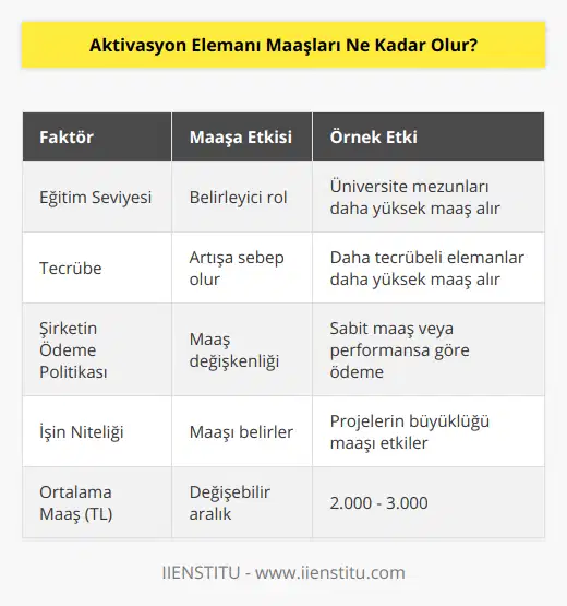 Aktivasyon Elemanı MaaşlarıAktivasyon elemanları, tanıtım ve satış süreçlerinde şirketlere destek sağlayarak markaların bilinirliğini artırmak ve belirli hedeflere ulaşmak için görev alırlar. İşlerine bağlı olarak ürün tanıtımları yaparlar, müşteri ile etkileşime girerler ve markaların seminerler, promosyonlar ve özel etkinlikler gibi organizasyonlarında görev alırlar. Peki, aktivasyon elemanı maaşları ne kadar?Aktivasyon elemanlarının maaşı, belirli faktörlere bağlı olarak değişiklik göstermektedir. İşte maaşları etkileyen bazı faktörler:1. Eğitim Seviyesi: Aktivasyon elemanının eğitim seviyesi, maaşında belirleyici bir role sahiptir. Üniversite mezunu olan aktivasyon elemanları, lise ya da daha düşük eğitim seviyesine sahip olanlara göre daha yüksek maaş alabilmektedir.2. Tecrübe: İş hayatında tecrübe edinmiş aktivasyon elemanları, tecrübesizlere göre daha yüksek maaş alabilmektedirler. Tecrübenin artması, elemanın belirli sorunlara karşı daha hızlı ve etkili çözümler bulabilme yeteneğini artırır ve bu da maaş artışını önemli ölçüde etkilemektedir.3. Şirketin Ödeme Politikası: Aktivasyon elemanının maaşı, işveren şirketin ödeme politikasına bağlı olarak da değişkenlik gösterir. Bazı şirketler aktivasyon elemanlarına sabit maaş öderken, bazıları ise performanslarını göz önünde bulundurarak ödeme yaparlar.4. İşin Niteliği: Aktivasyon elemanının maaşını etkileyen bir diğer faktör de işin niteliğidir. Örneğin, aktivasyon elemanının görev aldığı projelerin veya organizasyonların büyüklüğü ve önemi, elemanın alacağı maaşı belirleyici bir faktördür.Göz önünde bulundurulan bu faktörler çerçevesinde, aktivasyon elemanlarının her ay ortalama olarak 2.000 - 3.000 TL arasında maaş aldığı görülmektedir. Ancak, bu rakamlar temel bir referanstır; şirketlere, elemanın deneyim ve eğitim durumuna göre değişiklik gösterebilir. Sonuç olarak, aktivasyon elemanı maaşları, çeşitli faktörlerin birleşimiyle belirlenen ve değişebilen bir aralıkta yer almaktadır.