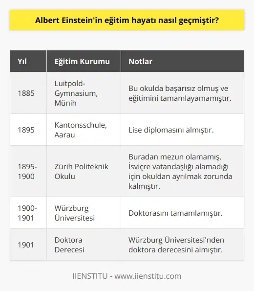 Albert Einstein, 1879 yılında İsviçrenin Ulm kentinde doğdu. Babasının işi nedeniyle 1885 yılında Münihe taşınan Einstein, Münihteki Luitpold-Gymnasiumda eğitim gördü. Ancak bu okulda başarısız olmuş ve eğitimini tamamlamamıştır. Daha sonra babasının işi nedeniyle Aaraudaki Kantonsschulede okudu ve 1895 yılında lise diplomasını aldı. Daha sonra Zürih Polytechnik Okulunda eğitimi gördü. Ancak buradan da mezun olmadı. İsviçre vatandaşlığı alamadığı için okuldan ayrılmak zorunda kaldı. Son olarak Würzburg Üniversitesinde okudu ve 1901 yılında doktorasını tamamladı.
