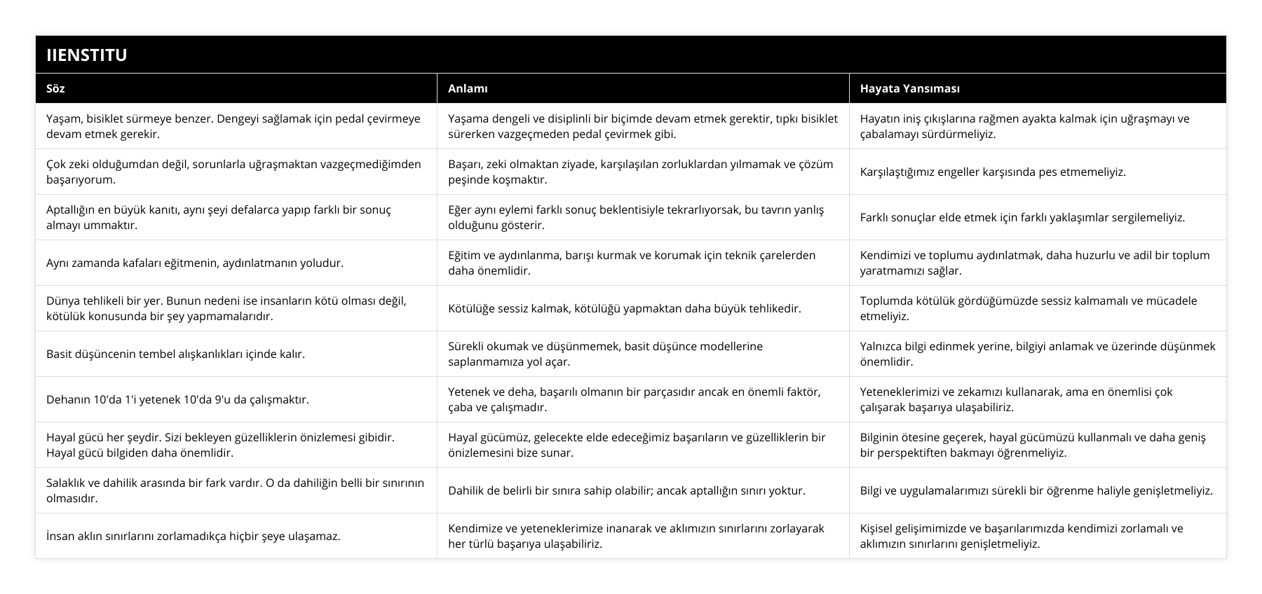 Yaşam, bisiklet sürmeye benzer Dengeyi sağlamak için pedal çevirmeye devam etmek gerekir, Yaşama dengeli ve disiplinli bir biçimde devam etmek gerektir, tıpkı bisiklet sürerken vazgeçmeden pedal çevirmek gibi, Hayatın iniş çıkışlarına rağmen ayakta kalmak için uğraşmayı ve çabalamayı sürdürmeliyiz, Çok zeki olduğumdan değil, sorunlarla uğraşmaktan vazgeçmediğimden başarıyorum, Başarı, zeki olmaktan ziyade, karşılaşılan zorluklardan yılmamak ve çözüm peşinde koşmaktır, Karşılaştığımız engeller karşısında pes etmemeliyiz, Aptallığın en büyük kanıtı, aynı şeyi defalarca yapıp farklı bir sonuç almayı ummaktır, Eğer aynı eylemi farklı sonuç beklentisiyle tekrarlıyorsak, bu tavrın yanlış olduğunu gösterir, Farklı sonuçlar elde etmek için farklı yaklaşımlar sergilemeliyiz, Aynı zamanda kafaları eğitmenin, aydınlatmanın yoludur, Eğitim ve aydınlanma, barışı kurmak ve korumak için teknik çarelerden daha önemlidir, Kendimizi ve toplumu aydınlatmak, daha huzurlu ve adil bir toplum yaratmamızı sağlar, Dünya tehlikeli bir yer Bunun nedeni ise insanların kötü olması değil, kötülük konusunda bir şey yapmamalarıdır, Kötülüğe sessiz kalmak, kötülüğü yapmaktan daha büyük tehlikedir, Toplumda kötülük gördüğümüzde sessiz kalmamalı ve mücadele etmeliyiz, Basit düşüncenin tembel alışkanlıkları içinde kalır, Sürekli okumak ve düşünmemek, basit düşünce modellerine saplanmamıza yol açar, Yalnızca bilgi edinmek yerine, bilgiyi anlamak ve üzerinde düşünmek önemlidir, Dehanın 10'da 1'i yetenek 10'da 9'u da çalışmaktır, Yetenek ve deha, başarılı olmanın bir parçasıdır ancak en önemli faktör, çaba ve çalışmadır, Yeteneklerimizi ve zekamızı kullanarak, ama en önemlisi çok çalışarak başarıya ulaşabiliriz, Hayal gücü her şeydir Sizi bekleyen güzelliklerin önizlemesi gibidir Hayal gücü bilgiden daha önemlidir, Hayal gücümüz, gelecekte elde edeceğimiz başarıların ve güzelliklerin bir önizlemesini bize sunar, Bilginin ötesine geçerek, hayal gücümüzü kullanmalı ve daha geniş bir perspektiften bakmayı öğrenmeliyiz, Salaklık ve dahilik arasında bir fark vardır O da dahiliğin belli bir sınırının olmasıdır, Dahilik de belirli bir sınıra sahip olabilir; ancak aptallığın sınırı yoktur, Bilgi ve uygulamalarımızı sürekli bir öğrenme haliyle genişletmeliyiz, İnsan aklın sınırlarını zorlamadıkça hiçbir şeye ulaşamaz, Kendimize ve yeteneklerimize inanarak ve aklımızın sınırlarını zorlayarak her türlü başarıya ulaşabiliriz, Kişisel gelişimimizde ve başarılarımızda kendimizi zorlamalı ve aklımızın sınırlarını genişletmeliyiz