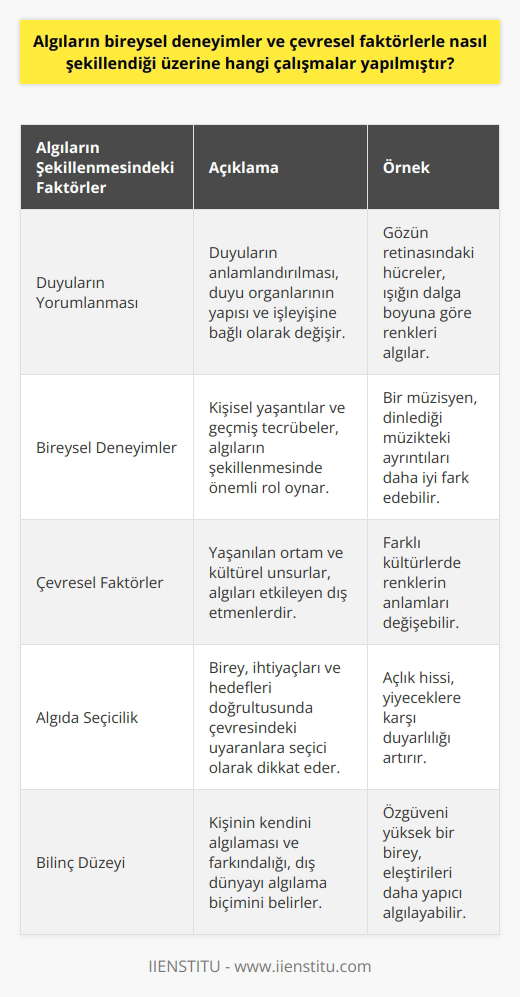 Algıların Bireysel Deneyimler ve Çevresel Faktörlerle Şekillenmesi İnsanların dünyaya bakış açısı ve çevresel faktörler, duyularımızı ve algılarımızı büyük ölçüde etkiler. Bu konuda yapılan çalışmalar, yaşadığımız çevredeki duyum, renk ve şekil gibi unsurları nasıl birbirinden ayırabildiğimizi ve bu süreçte çevre ve deneyimlerin nasıl bir rol oynadığını incelemek için çeşitli yöntemler kullanmıştır. Duyuların Yorumlanması ve Algılarımızın Oluşumu Günlük yaşamda, çevredeki nesne, ışık, ses ve şekiller gibi sayısız uyarana maruz kalırız. Bir duyuya yorum katararak, bu uyarıcıların daha anlamlı hale gelmesini sağlarız. Bu yorumlama süreci, duyu organlarının yapısı ve işleyişine bağlı olarak değişir. Duyumları kendi yorumlarımızla anlamlı hale getirdiğimizde, bu olaylara ilişkin algılar oluştururuz. Algıda Seçicilik ve İçgüdü Mevcut hedeflerimize ve ihtiyaçlarımıza dayalı olarak, algıda seçicilik sayesinde çevremizdeki bilgilere dikkat ederiz. İşlem kapasitemizin sınırlı olduğu için beyin, sürekli olarak uğraşmak zorunda olduğu bilgi miktarını en aza indirmeye çalışır. Bu sayede, önemli veya ilgili olanlara odaklanabilmemiz mümkün olur. Bilinç Düzeyi ve Algılama Seviyesi İnsanların dünyayı algılama seviyesi, bilinç düzeyine bağlı olarak değişir. İnsan daima görmek istediğini görmeye eğilimlidir. Kişinin kendini algılaması ve bilinç bakımından kendisinin farkına varması, dış dünyayı hangi bakış açısıyla algılayacağının kriterini belirler. Sonuç olarak, algılarımızın bireysel deneyimler ve çevresel faktörlerle şekillendiği üzerine yapılan çalışmalar, yaşadığımız dünyayı nasıl algıladığımız ve bu süreçte deneyimlerimizin nasıl etkili olduğunu göstermektedir. Algıların şekillenmesi sürecinde, duyuların yorumlanması, algıda seçicilik ve bilinç düzeyi önemli faktörler olarak yer alır.
