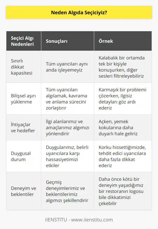Aynı anda bütün uyarıcıları algılamak mümkün değil. Böyle bir durumda kavramak ve anlamak imkansız olurdu. Uyarıcılardan ihtiyacımız olanlar dikkatimizi çeker.