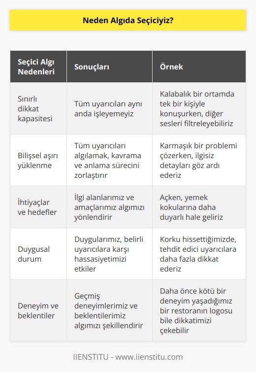 Aynı anda bütün uyarıcıları algılamak mümkün değil. Böyle bir durumda kavramak ve anlamak imkansız olurdu. Uyarıcılardan ihtiyacımız olanlar dikkatimizi çeker.