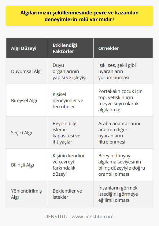 Algılarımızın Şekillenmesinde Çevre ve Kazanılan Deneyimlerin Rolü  Yaşadığımız çevredeki duyum, renk, şekil ve bunlara ait değişimleri nasıl birbirinden ayırabiliyoruz? Duygularımızı, tutum ve davranışlarımızı etkileyen ve bunları değiştiren uyarıcılar neye bağlıdır? Tutum ve davranışlarıyla bu uyarılara yön veren kişiler ilgili durumları aynı mı yorumlar? Bir duyumun farklı yorumlanmasında çevre ve kazanılan deneyimlerin rolü var mıdır? Bu ve buna benzer soruların cevabı aslında dünyaya bakış açınız ve çevrenizdeki algılama biçiminizle açıklanabilir. İnsanlar günlük yaşamda içinde bulunduğu çevreye ait nesne, ışık, ses ya da şekil gibi sayısız uyarana maruz kalıyor. Bunlara yorum katarak daha anlamlı hale getiriyoruz. Yorumlama elbette duyu organlarımızın yapısı ve işleyişine bağlı olarak değişiyor. Bütün bu kriterleri göz önüne alarak duyumlara yorumlarınızı katarak onları anlamlı hale getirdiğinizde, o olaya ilişkin algınızı oluşturursunuz.  Farklı Algı Düzeyleri ve Bakış Açıları  Duyumlarımız henüz şekillenmemiş bir hammaddeye, algılarımız ise bu hammaddenin işlenerek kullanılır hale gelmesiyle oluşan bütün üretim süreçlerini tamamlayan bir ürüne benzer. Aynı durumlar veya uyarıcılar karşısında herkesin farklı bir algı düzeyi ve bakış açısı vardır. Örneğin, küçük bir çocuk için gördüğü portakal oyun oynaması için bir top olabilirken, bir yetişkin için meyve suyudur.  Algılarımızın Şekillenmesi ve Tecrübeler  Algılarımız kendimize ait yaşadıklarımız ve bunların sonucunda edindiğimiz tecrübelerle bağlantılı olarak şekillenir, çarpıtılır ya da renklenir. Bu durumun önemli bir örneği olarak algıda seçicilik gösterilebilir. Algıda seçicilik, etrafımızdaki her şeyi görmediğimiz veya duymadığımız, bunun yerine beynimizin herhangi bir anda ne beklediğine veya neye ihtiyaç duyduğuna bağlı olarak hangi bilgilere dikkat edeceğini seçtiği fikridir. Bunun nedeni, bilgiyi işleme kapasitemizin sınırlı olması ve beynimizin sürekli olarak uğraşmak zorunda olduğu bilgi miktarını en aza indirmeye çalışmasıdır.  Mevcut Hedefler ve Algıda Seçicilik  Sonuç olarak, mevcut hedeflerimiz veya ihtiyaçlarımızla ilgili olmayan her şeyi filtreleme eğiliminde oluruz. Örneğin, arabanızın anahtarlarını arıyorsanız, bulana kadar etrafınızdaki diğer tüm sesleri ve görselleri filtrelemeniz muhtemeldir. Benzer şekilde, biriyle sohbet ediyorsanız, önünüzdeki kişiye odaklanmak için diğer konuşmaları ve arka plan gürültüsünü filtrelemeniz muhtemeldir. Algıda seçicilik belirli durumlarda faydalı olsa da, önemli bilgileri kaçırmamıza da neden olabilir. Örneğin, anahtarlarınızı bulmaya o kadar odaklanmışsanız ve etrafınızdaki diğer her şeyi duymazdan geliyorsanız, birinin dikkatinizi çekmeye çalıştığını fark etmeyebilirsiniz. Genel olarak, algıda seçicilik, beynimizin herhangi bir anda en önemli veya ilgili olana odaklanmamıza yardımcı olmak için kullandığı güçlü bir araçtır.  Bilinç ve Algılama Seviyesi  İnsanların dünyayı algılama seviyesi ne kadar bilinçli bir düzeyde olup olmadığıyla doğru orantılıdır. İnsan daima görmek istediğini görmeye eğilimlidir. Kişinin kendini algılaması yani bilinç bakımından kendisinin farkına varması gerekir. Bu durum onun dış dünyayı hangi bakış açısıyla algılayacağının ölçütüdür. Kısacası, çevre ve kazanılan deneyimler algılarımızın şekillenmesinde önemli bir rol oynamaktadır.