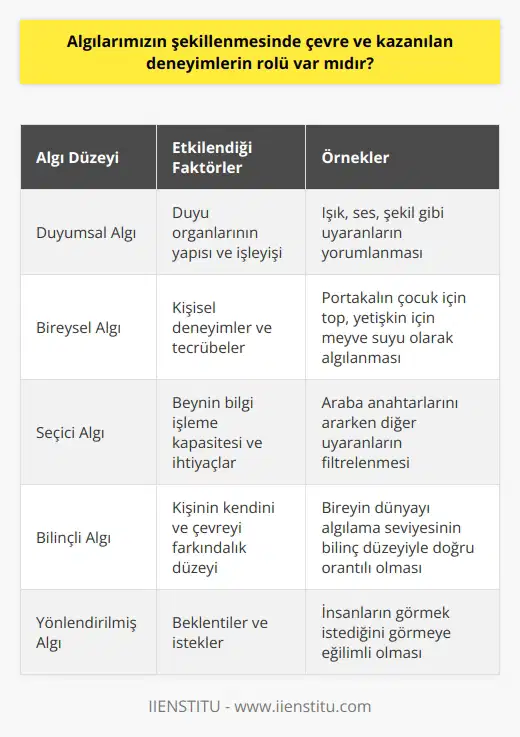 Algılarımızın Şekillenmesinde Çevre ve Kazanılan Deneyimlerin Rolü  Yaşadığımız çevredeki duyum, renk, şekil ve bunlara ait değişimleri nasıl birbirinden ayırabiliyoruz? Duygularımızı, tutum ve davranışlarımızı etkileyen ve bunları değiştiren uyarıcılar neye bağlıdır? Tutum ve davranışlarıyla bu uyarılara yön veren kişiler ilgili durumları aynı mı yorumlar? Bir duyumun farklı yorumlanmasında çevre ve kazanılan deneyimlerin rolü var mıdır? Bu ve buna benzer soruların cevabı aslında dünyaya bakış açınız ve çevrenizdeki algılama biçiminizle açıklanabilir. İnsanlar günlük yaşamda içinde bulunduğu çevreye ait nesne, ışık, ses ya da şekil gibi sayısız uyarana maruz kalıyor. Bunlara yorum katarak daha anlamlı hale getiriyoruz. Yorumlama elbette duyu organlarımızın yapısı ve işleyişine bağlı olarak değişiyor. Bütün bu kriterleri göz önüne alarak duyumlara yorumlarınızı katarak onları anlamlı hale getirdiğinizde, o olaya ilişkin algınızı oluşturursunuz.  Farklı Algı Düzeyleri ve Bakış Açıları  Duyumlarımız henüz şekillenmemiş bir hammaddeye, algılarımız ise bu hammaddenin işlenerek kullanılır hale gelmesiyle oluşan bütün üretim süreçlerini tamamlayan bir ürüne benzer. Aynı durumlar veya uyarıcılar karşısında herkesin farklı bir algı düzeyi ve bakış açısı vardır. Örneğin, küçük bir çocuk için gördüğü portakal oyun oynaması için bir top olabilirken, bir yetişkin için meyve suyudur.  Algılarımızın Şekillenmesi ve Tecrübeler  Algılarımız kendimize ait yaşadıklarımız ve bunların sonucunda edindiğimiz tecrübelerle bağlantılı olarak şekillenir, çarpıtılır ya da renklenir. Bu durumun önemli bir örneği olarak algıda seçicilik gösterilebilir. Algıda seçicilik, etrafımızdaki her şeyi görmediğimiz veya duymadığımız, bunun yerine beynimizin herhangi bir anda ne beklediğine veya neye ihtiyaç duyduğuna bağlı olarak hangi bilgilere dikkat edeceğini seçtiği fikridir. Bunun nedeni, bilgiyi işleme kapasitemizin sınırlı olması ve beynimizin sürekli olarak uğraşmak zorunda olduğu bilgi miktarını en aza indirmeye çalışmasıdır.  Mevcut Hedefler ve Algıda Seçicilik  Sonuç olarak, mevcut hedeflerimiz veya ihtiyaçlarımızla ilgili olmayan her şeyi filtreleme eğiliminde oluruz. Örneğin, arabanızın anahtarlarını arıyorsanız, bulana kadar etrafınızdaki diğer tüm sesleri ve görselleri filtrelemeniz muhtemeldir. Benzer şekilde, biriyle sohbet ediyorsanız, önünüzdeki kişiye odaklanmak için diğer konuşmaları ve arka plan gürültüsünü filtrelemeniz muhtemeldir. Algıda seçicilik belirli durumlarda faydalı olsa da, önemli bilgileri kaçırmamıza da neden olabilir. Örneğin, anahtarlarınızı bulmaya o kadar odaklanmışsanız ve etrafınızdaki diğer her şeyi duymazdan geliyorsanız, birinin dikkatinizi çekmeye çalıştığını fark etmeyebilirsiniz. Genel olarak, algıda seçicilik, beynimizin herhangi bir anda en önemli veya ilgili olana odaklanmamıza yardımcı olmak için kullandığı güçlü bir araçtır.  Bilinç ve Algılama Seviyesi  İnsanların dünyayı algılama seviyesi ne kadar bilinçli bir düzeyde olup olmadığıyla doğru orantılıdır. İnsan daima görmek istediğini görmeye eğilimlidir. Kişinin kendini algılaması yani bilinç bakımından kendisinin farkına varması gerekir. Bu durum onun dış dünyayı hangi bakış açısıyla algılayacağının ölçütüdür. Kısacası, çevre ve kazanılan deneyimler algılarımızın şekillenmesinde önemli bir rol oynamaktadır.