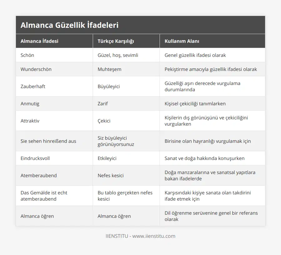 Schön, Güzel, hoş, sevimli, Genel güzellik ifadesi olarak, Wunderschön, Muhteşem, Pekiştirme amacıyla güzellik ifadesi olarak, Zauberhaft, Büyüleyici, Güzelliği aşırı derecede vurgulama durumlarında, Anmutig, Zarif, Kişisel çekiciliği tanımlarken, Attraktiv, Çekici, Kişilerin dış görünüşünü ve çekiciliğini vurgularken, Sie sehen hinreißend aus, Siz büyüleyici görünüyorsunuz, Birisine olan hayranlığı vurgulamak için, Eindrucksvoll, Etkileyici, Sanat ve doğa hakkında konuşurken, Atemberaubend, Nefes kesici, Doğa manzaralarına ve sanatsal yapıtlara bakan ifadelerde, Das Gemälde ist echt atemberaubend, Bu tablo gerçekten nefes kesici, Karşısındaki kişiye sanata olan takdirini ifade etmek için, Almanca öğren, Almanca öğren, Dil öğrenme serüvenine genel bir referans olarak