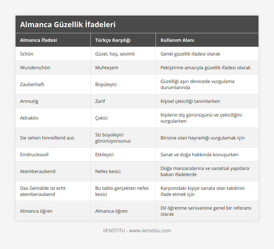 Schön, Güzel, hoş, sevimli, Genel güzellik ifadesi olarak, Wunderschön, Muhteşem, Pekiştirme amacıyla güzellik ifadesi olarak, Zauberhaft, Büyüleyici, Güzelliği aşırı derecede vurgulama durumlarında, Anmutig, Zarif, Kişisel çekiciliği tanımlarken, Attraktiv, Çekici, Kişilerin dış görünüşünü ve çekiciliğini vurgularken, Sie sehen hinreißend aus, Siz büyüleyici görünüyorsunuz, Birisine olan hayranlığı vurgulamak için, Eindrucksvoll, Etkileyici, Sanat ve doğa hakkında konuşurken, Atemberaubend, Nefes kesici, Doğa manzaralarına ve sanatsal yapıtlara bakan ifadelerde, Das Gemälde ist echt atemberaubend, Bu tablo gerçekten nefes kesici, Karşısındaki kişiye sanata olan takdirini ifade etmek için, Almanca öğren, Almanca öğren, Dil öğrenme serüvenine genel bir referans olarak