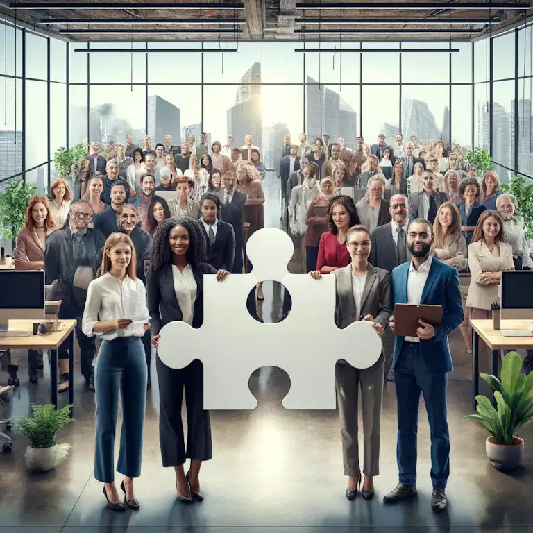 Alman Antidiskriminierungsgesetz (Ayrımcılık Karşıtı Kanun) temasına dayanan bu kavramsal görsel, iş yerinde ayrımcılığa karşı bir duruşu temsil eder. Farklı cinsiyetlerden, etnik kökenlerden, dinlerden ve yaş gruplarından insanların bir arada durduğu, her birinin birleştiğinde eşitlik sembolü oluşturan bir bulmaca parçası tuttuğu modern bir kurumsal ortam gösterilmektedir. Pozitif ve güçlendirici bir tonla, adil ve kapsayıcı bir işe alım sürecini simgelemektedir.