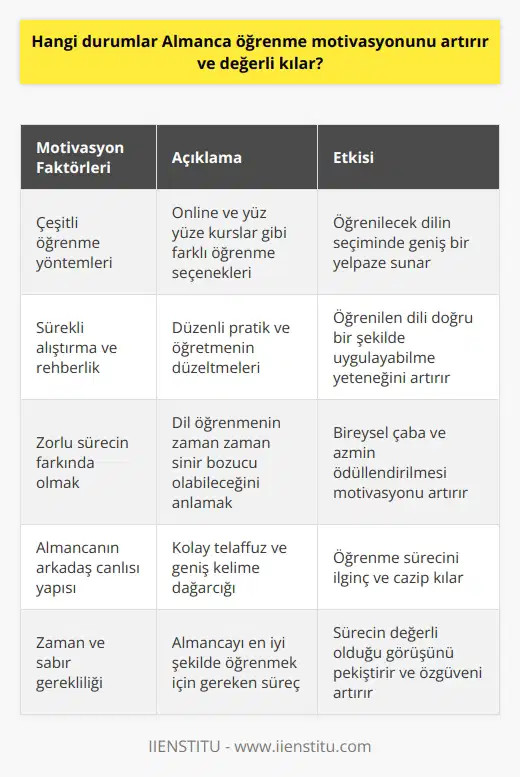 Almanca öğrenme motivasyonu, çeşitli faktörlere bağlıdır. İlk olarak, online ve yüz yüz kurslar gibi çeşitli öğrenme yöntemlerinin kullanılabilir olması, öğrenilecek dilin seçiminde geniş bir yelpaze sunar. Ayrıca, sürekli alıştırma ve öğrenim sürecinde bir rehberin -özellikle öğretmenin- düzeltmeleri, öğrenilen dili doğru bir şekilde uygulayabilme yeteneğini artırır. Bu, Almanca gibi dil bilgisi kurallarının sıkça gözden geçirilmesi gereken bir dilde oldukça etkilidir.  Bir dili öğrenmenin nasıl zorlu bir süreç olduğuna dair    bir anlayışa sahip olmak da önemlidir. Zaman zaman sinir bozucu olabilir, ancak bu süreçten geçmek, dilin sonunda iddia edildiği kadar zor olmadığını anlamamızı sağlar. Bu, bireysel çaba ve azmin ödüllendirilmesi anlamına gelir ve bu da öğrenme motivasyonunu artırır.  Bir diğer motivasyon faktörü, Almancanın nispeten arkadaş canlısı bir dil oluşu ve Latin ve Fransızca gibi dillerle karşılaştırıldığında, belirli kolaylıkları olabileceğinin anlaşılmasıdır. Telaffuzunun kolay olması ve geniş kelime dağarcığı, öğrenme sürecini ilginç kılabilir.  Almancayı en iyi şekilde öğrenmek için zaman ve sabır gerektiğini anlamak, sürecin değerli olduğu görüşünü pekiştirir. Her alınan yetkinlik, öğrencinin kendine olan güvenini artırır ve bu, onların anadil düzeyinde Almanca öğrenmiş gibi hissetmelerini sağlar.  Almanca aslında İngilizce ile yakından ilişkili bir dil olması dolayısıyla, dil bilgisi ve cümle yapısı açısından daha kolay olduğu da göz önünde bulundurulmalıdır. Bu düşünülünce, Almanca, mutlak bir süreç gerektirir ve bu süreç, öğrencinin yaşadığı yere, gösterdiği çabaya ve öğrenme becerilerine göre değişir ve bu motivasyonla başarılı olabilir.   Son olarak, öğrenmeye başlamak için asla çok geç ya da çok erken olmaması, herkesin dil öğrenme sürecine başlamaktan çekinmemesi gerektiğini vurgular. Bu bilinçle hareket etmek, Almanca öğrenme motivasyonunu hem artırır hem de bu süreci değerli kılar.