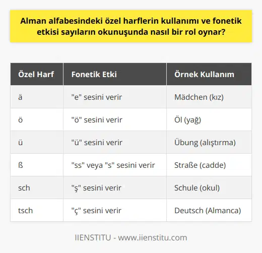 Alman Alfabesindeki Özel Harflerin Kullanımı ve    Etkisi  Alman alfabesi Latin alfabesinden türetilmiş olup, 30 harften oluşmaktadır. Almancada özel harfler, özellikle sayıların yazımı ve okunuşunda önemli bir rol oynamaktadır. Bu yazıda, Alman alfabesindeki özel harflerin kullanımı ve  etkileri hakkında bilgi verilecektir.  Özel Harflerin Özellikleri ve  Etkileri  Almanca bazı harfler birbiriyle yan yana geldiğinde farklı okunurlar. Örneğin, tsch harfleri yan yana geldiğinde ç diye okunurken, sch harfleri ise ş diye okunmaktadır. Ayrıca, Alman alfabesinde ß ve æ gibi kendine özgü iki ilginç harf bulunmaktadır. Bu harfler, sayıların okunuşunda da önemli bir yere sahiptir.  Almanca Sayıların Okunuşu ve Özel Harflerin Rolü  Almanca sayıların okunuşu, özellikle onluk ve birlik basamağındaki sayılar için belirgin kurallarla ilerlemektedir. İki basamaklı sayılar için genellikle birlik basamağı yazılır, ardından und kelimesi eklenir ve son olarak onluk basamağı yazılır. Örneğin, 28 sayısı acht und zwanzig, 91 sayısı ise ein und neunzig olarak yazılmaktadır. Özel harfler, bu sayıların okunuşunda dikkate alınması gereken yapıları oluşturmaktadır.    irken Özel Harflerin Önemi  en biri için, sayıları ve özel harfleri doğru şekilde kullanabilmek önemli bir beceridir. Bu beceri, dilin temel yapı taşlarından biri olan sayıların okunuşunu ve kullanımını anlamada yardımcı olacaktır. Öğrencinin bu özel harflere aşina olması ve onların nasıl telaffuz edildiğini öğrenmesi, Almancanın genel telaffuz ve yazınının daha iyi anlaşılmasına katkı sağlayacaktır.  Sonuç  Alman alfabesindeki özel harfler, sayıların okunuşu ve yazımında önemli bir rol oynamaktadır. en biri için bu harfleri ve sayıların doğru ve düzgün bir şekilde okunuşunu öğrenmek önemlidir. Bu sayede, Almancayı ve onun temel yapı taşlarını daha iyi kavrayarak, dil öğrenme sürecinde daha hızlı ilerleme kaydedilebilir.