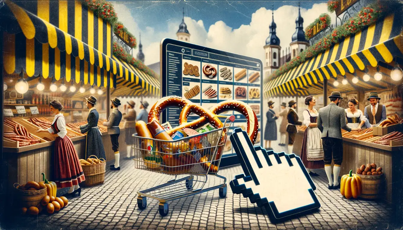 Modern bir çevrimiçi alışveriş arayüzüyle yan yana duran eski bir Alman pazarının fotoğrafı, sarı, siyah ve beyazın hakim olduğu renkler, geçmişi günümüzle harmanlama, geleneksel Alman kıyafetleri içinde dijital ürün listelerine göz atan müşteriler, simit imleciyle mizahi bir dokunuş, sosis ve lederhosen gibi geleneksel Alman ürünleriyle dolu dijital alışveriş sepeti, Almanya'nın köklü e-ticaret geleneğini çağrıştıran çağdaş e-ticaret ile eski dünya cazibesinin zıtlığı.